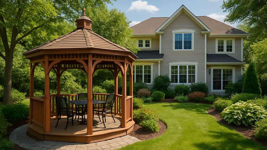 Backyard with wooden gazebo, outdoor dining furniture, lush landscaping, and large traditional home