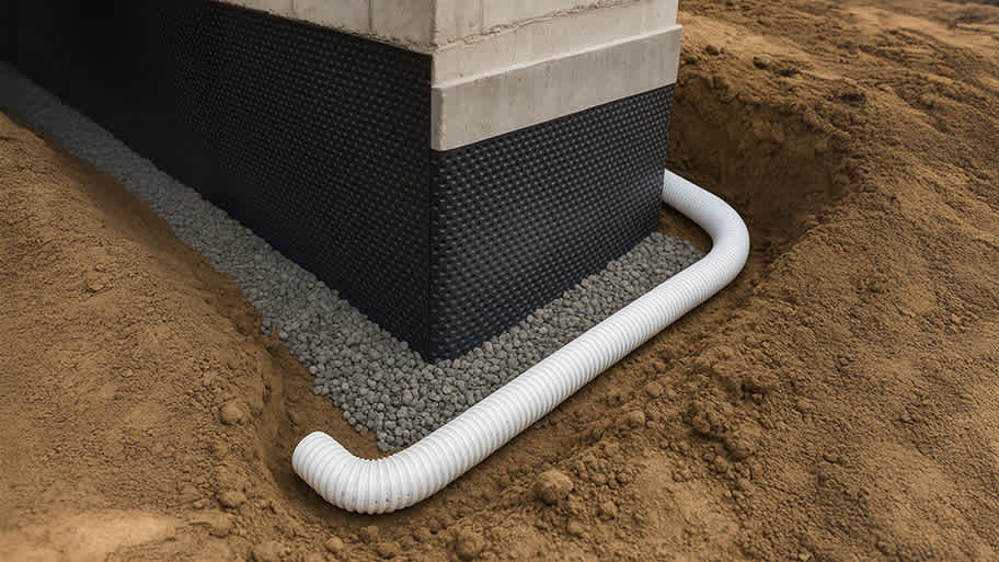 White corrugated drainage tube laid around a foundation’s gravel footing in a soil trench