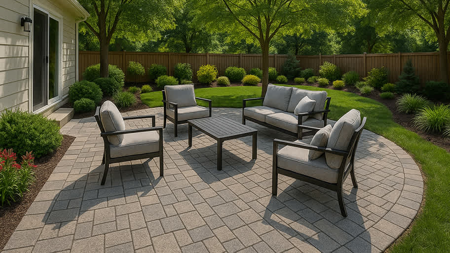 Paver patio with cushioned chairs and a coffee table arranged in a circular layout against a fenced garden backdrop.