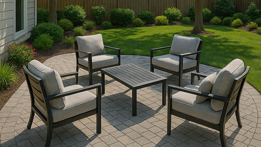 Modern backyard patio with circular paver design, stylish cushioned furniture, and lush landscaping for outdoor living and garden design inspiration.