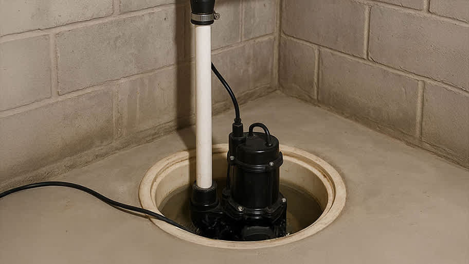 Basement sump pump system installed in concrete floor with PVC discharge pipe.