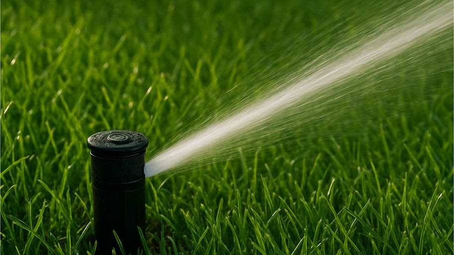 Close-up of pop-up sprinkler head watering a healthy green lawn.