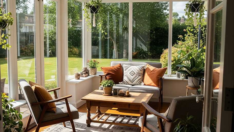 A light-filled sunroom with a couch and chairs surrounded by windows overlooking a lush green yard.