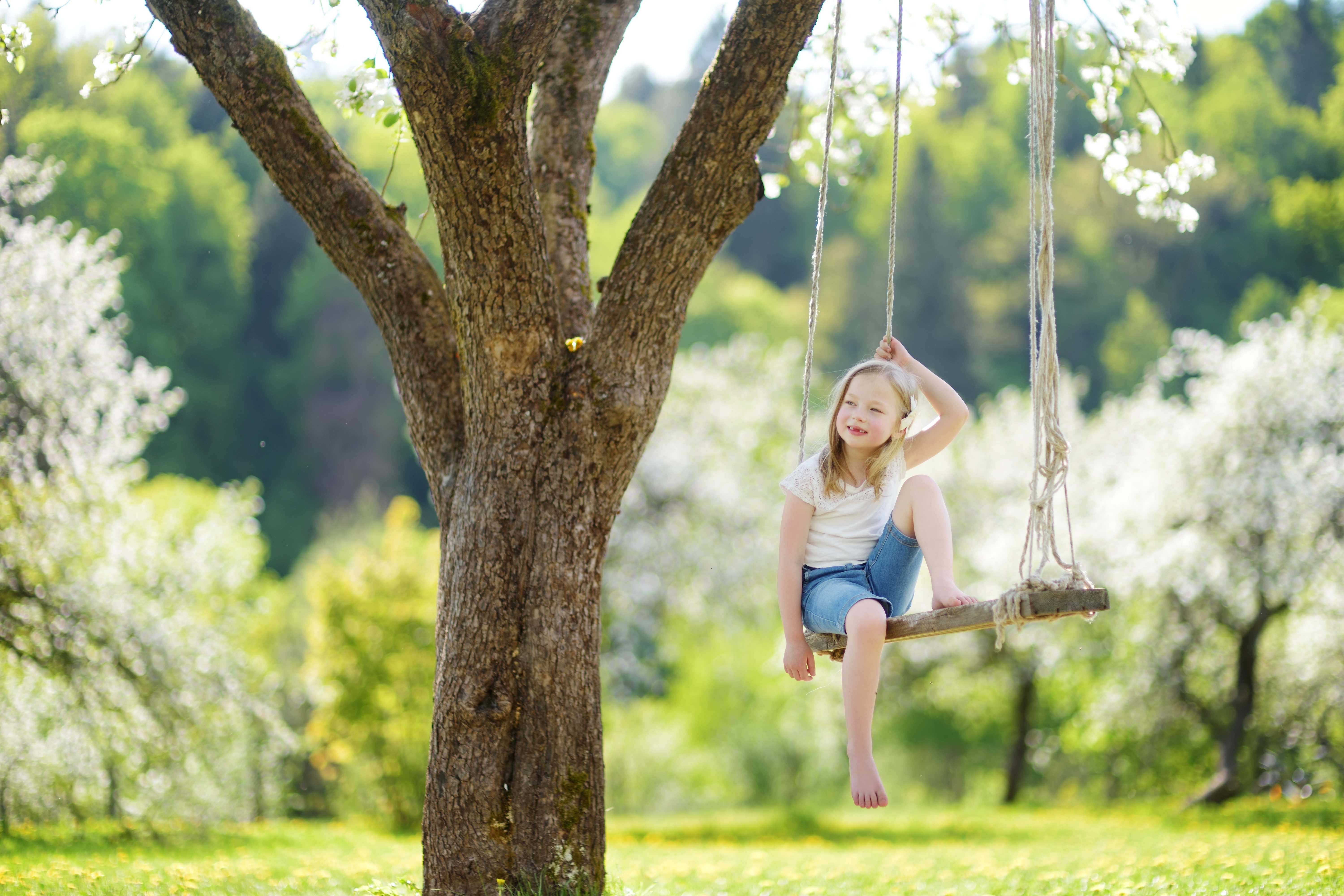 Smiling young girl sitting on a rope swing tied to a tree in a sunny garden