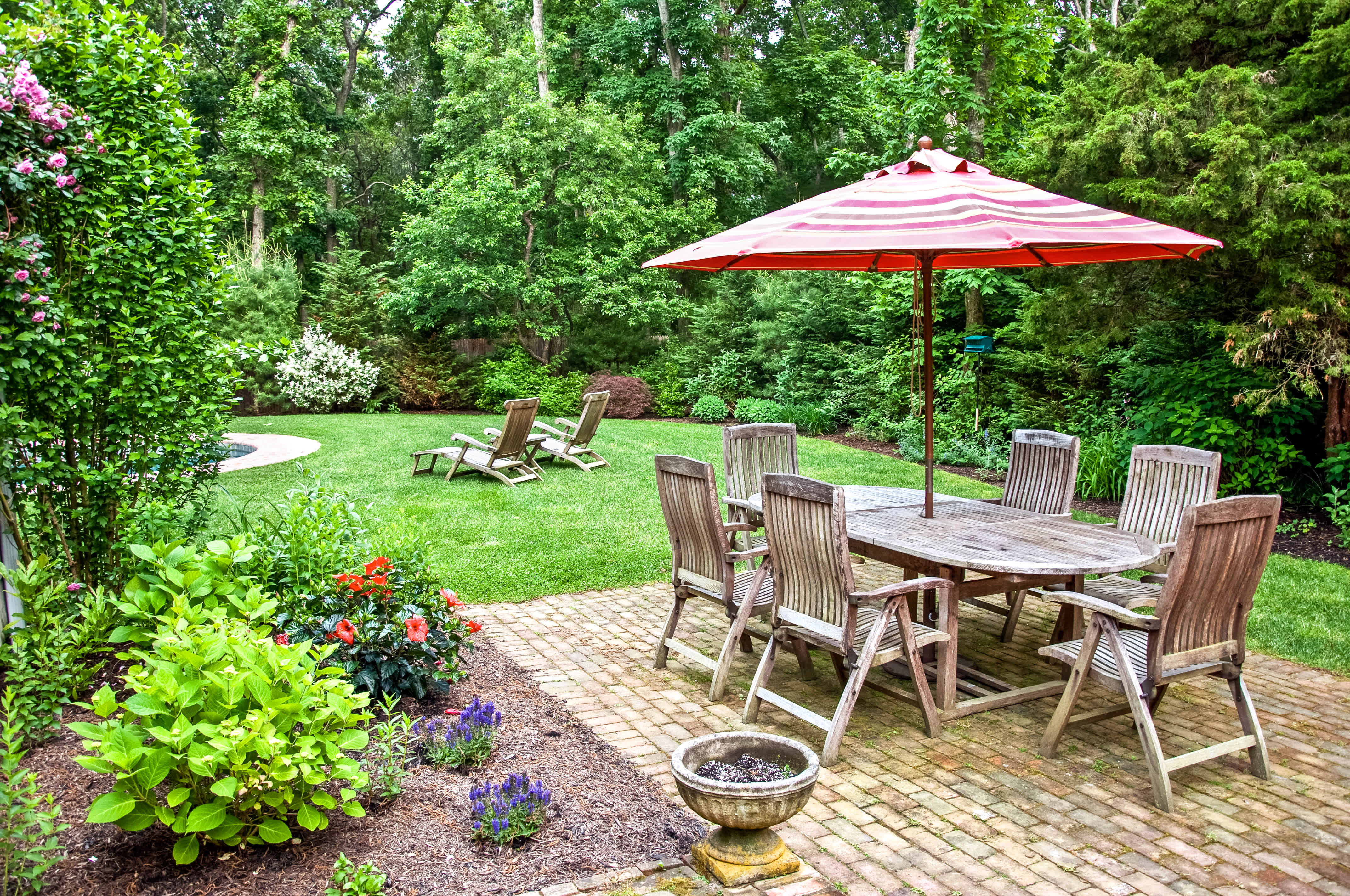 Patio in the backyard with a wooden dining table