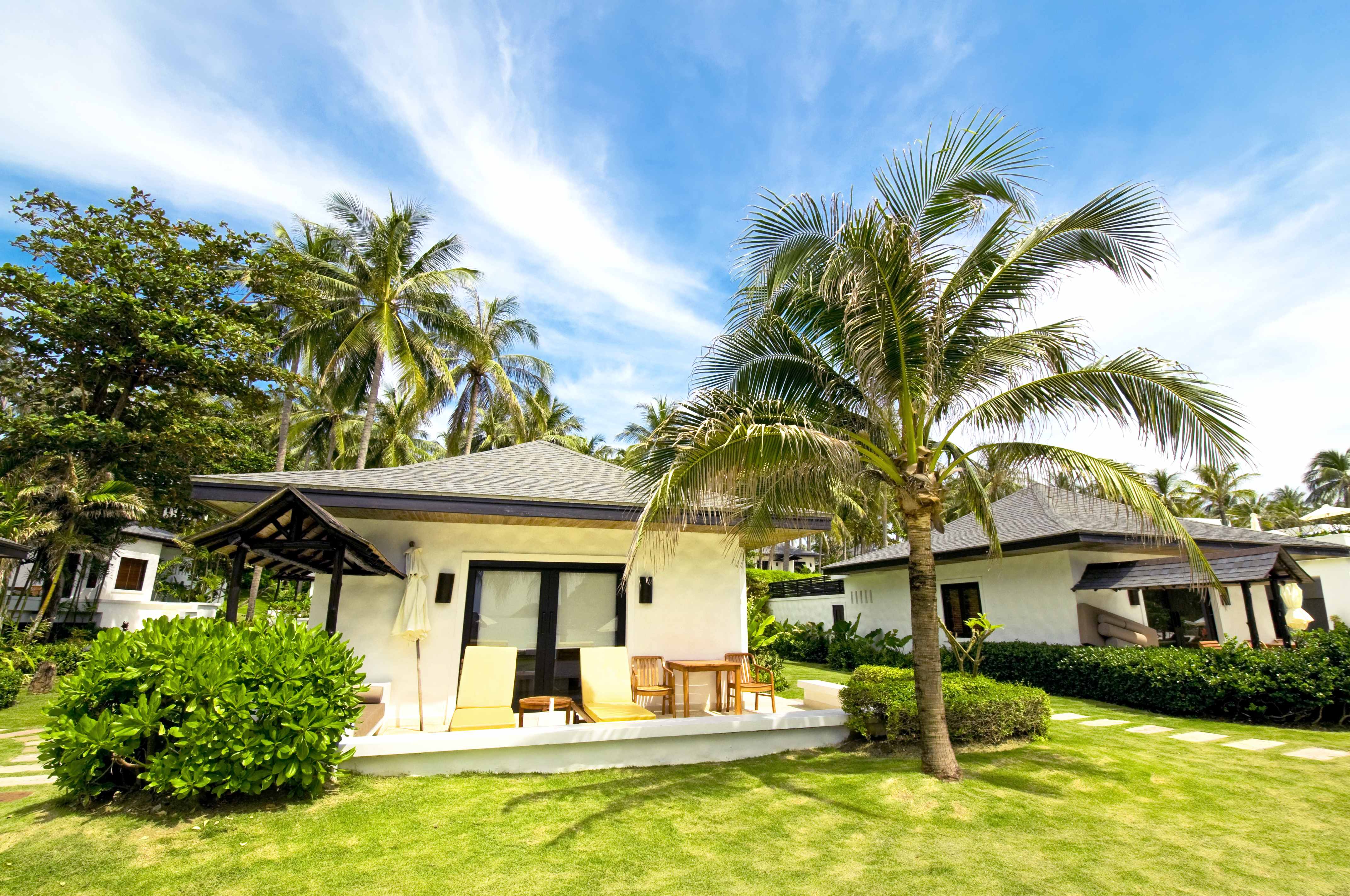 Villa in the tropics surrounded by palm trees