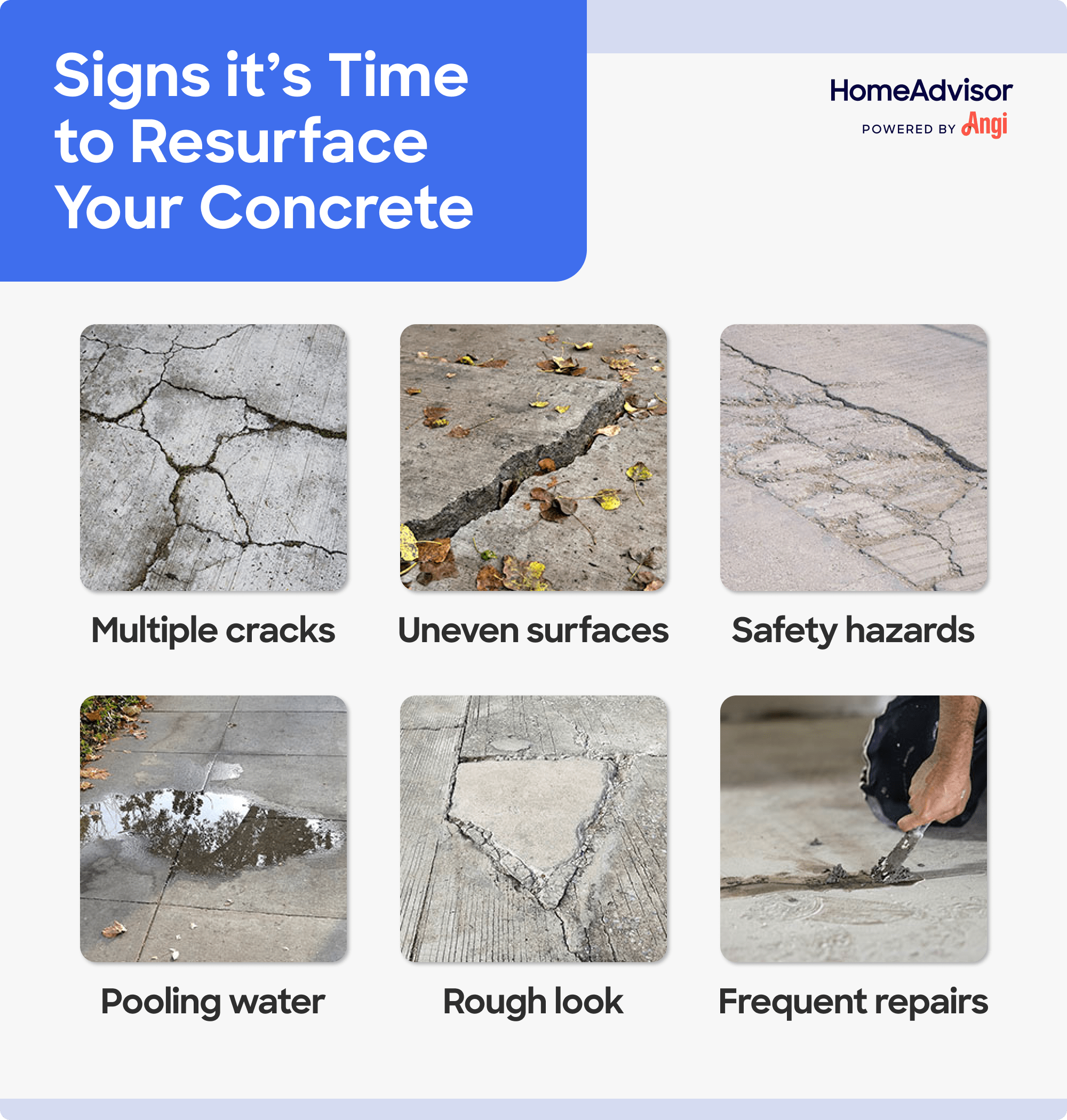 6 signs your concrete needs resurfacing compared visually, including multiple cracks and uneven surfaces