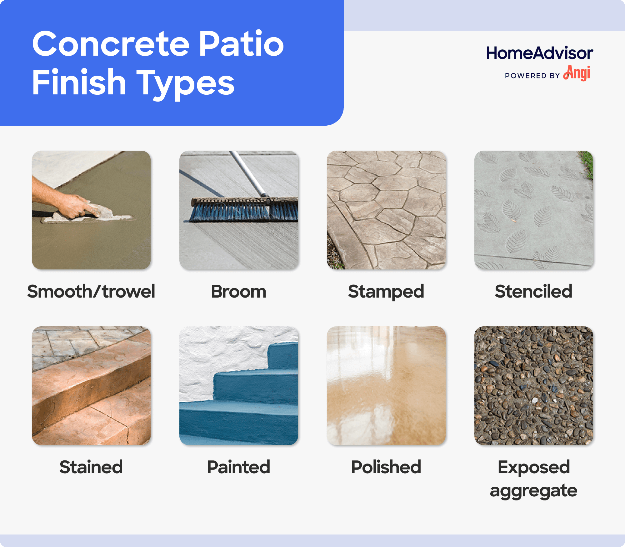 8 concrete patio finish types compared visually, including stamped, stained, and polished
