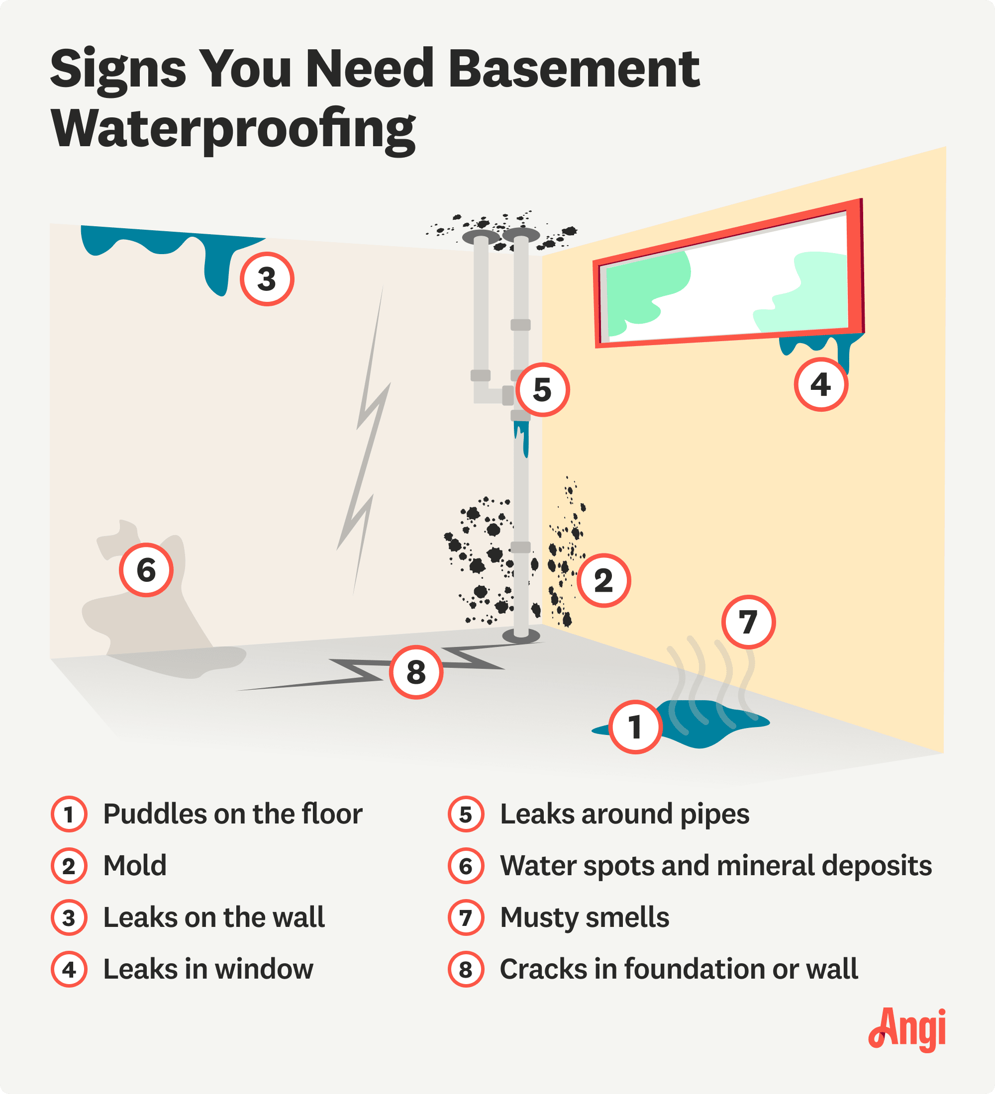 8 signs basement waterproofing is needed illustrated, including mold, leaks, and musty smells