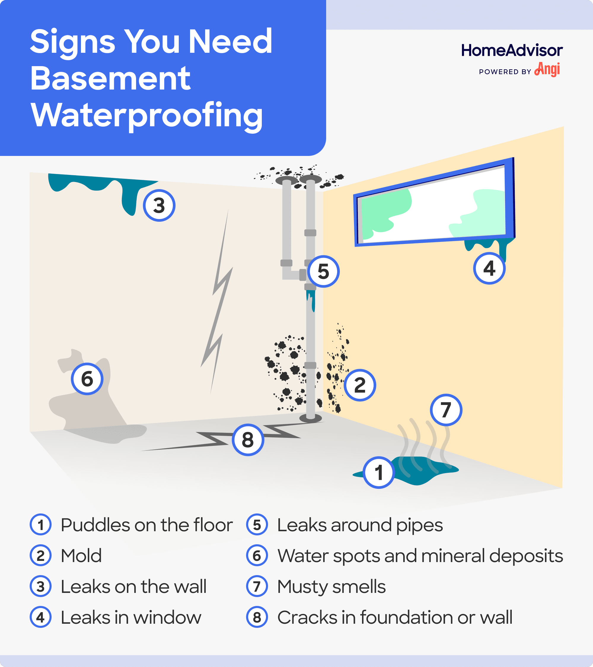8 signs basement waterproofing is needed illustrated, including mold, leaks, and musty smells