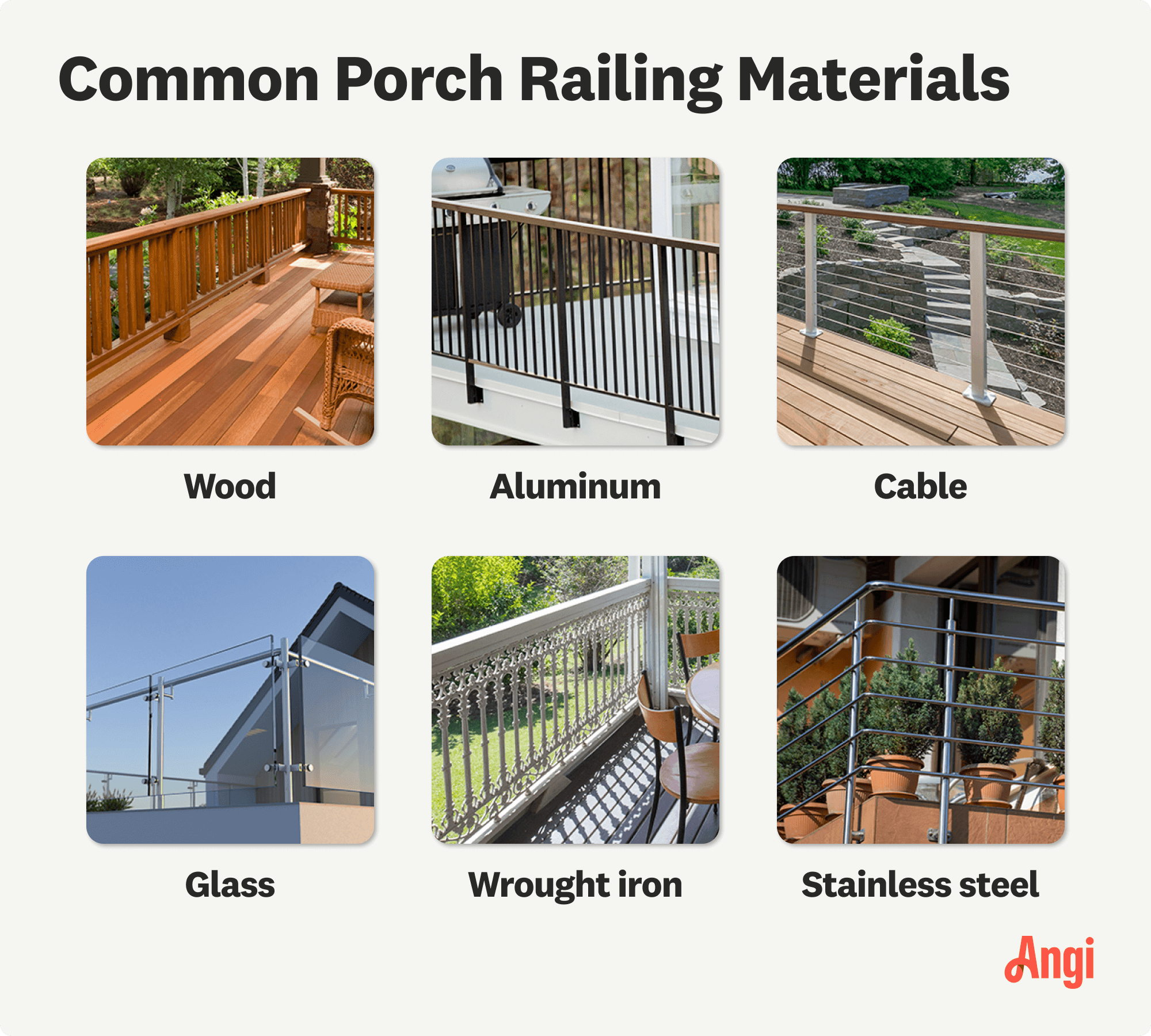 6 common porch railing materials compared visually, including wood, cable, and glass