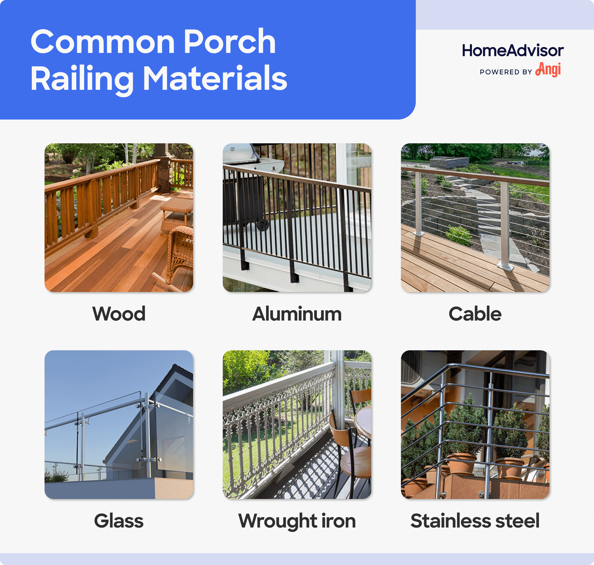 6 common porch railing materials compared visually, including wood, cable, and glass
