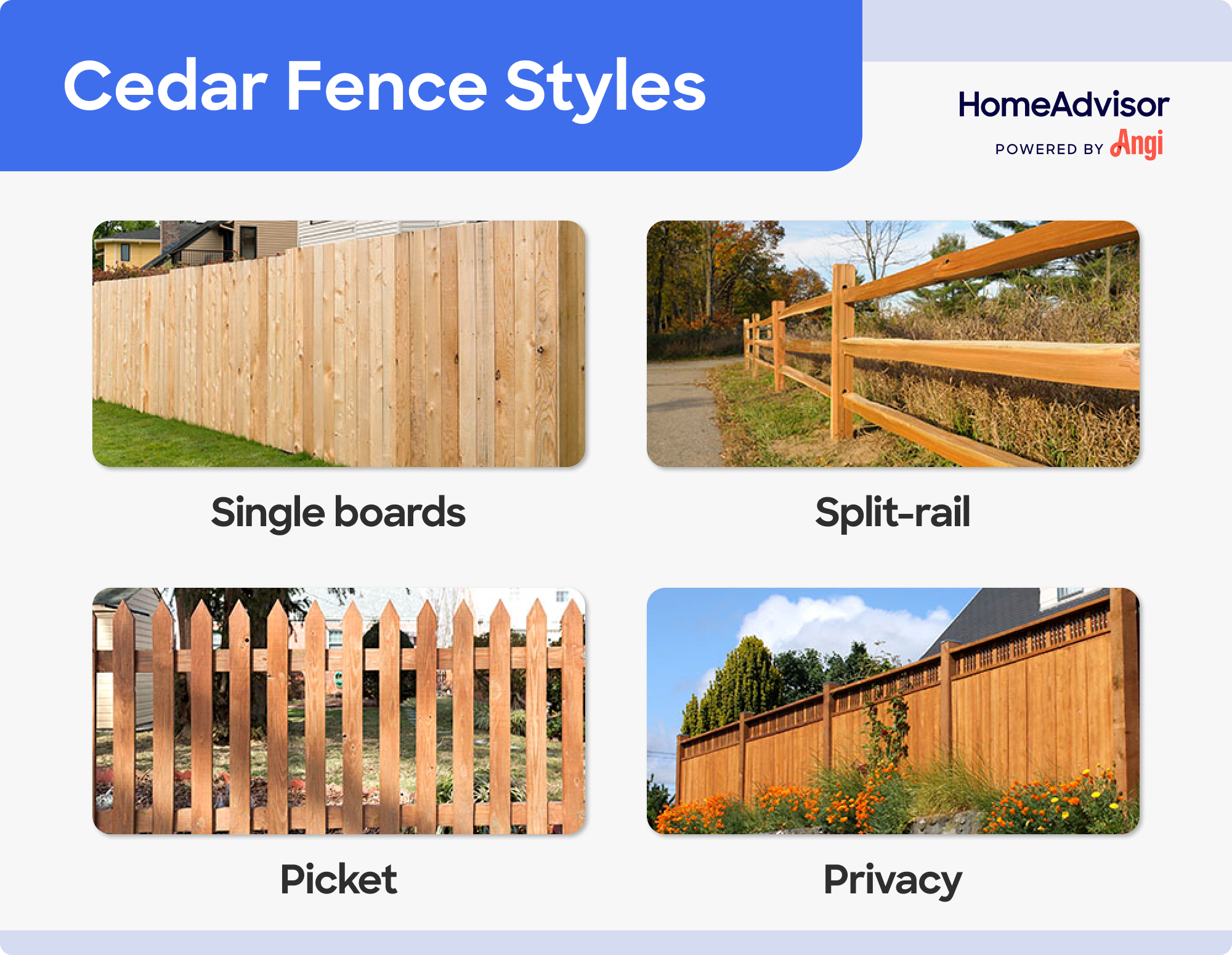4 cedar fence styles compared visually, including single board, split-rail, picket, and privacy