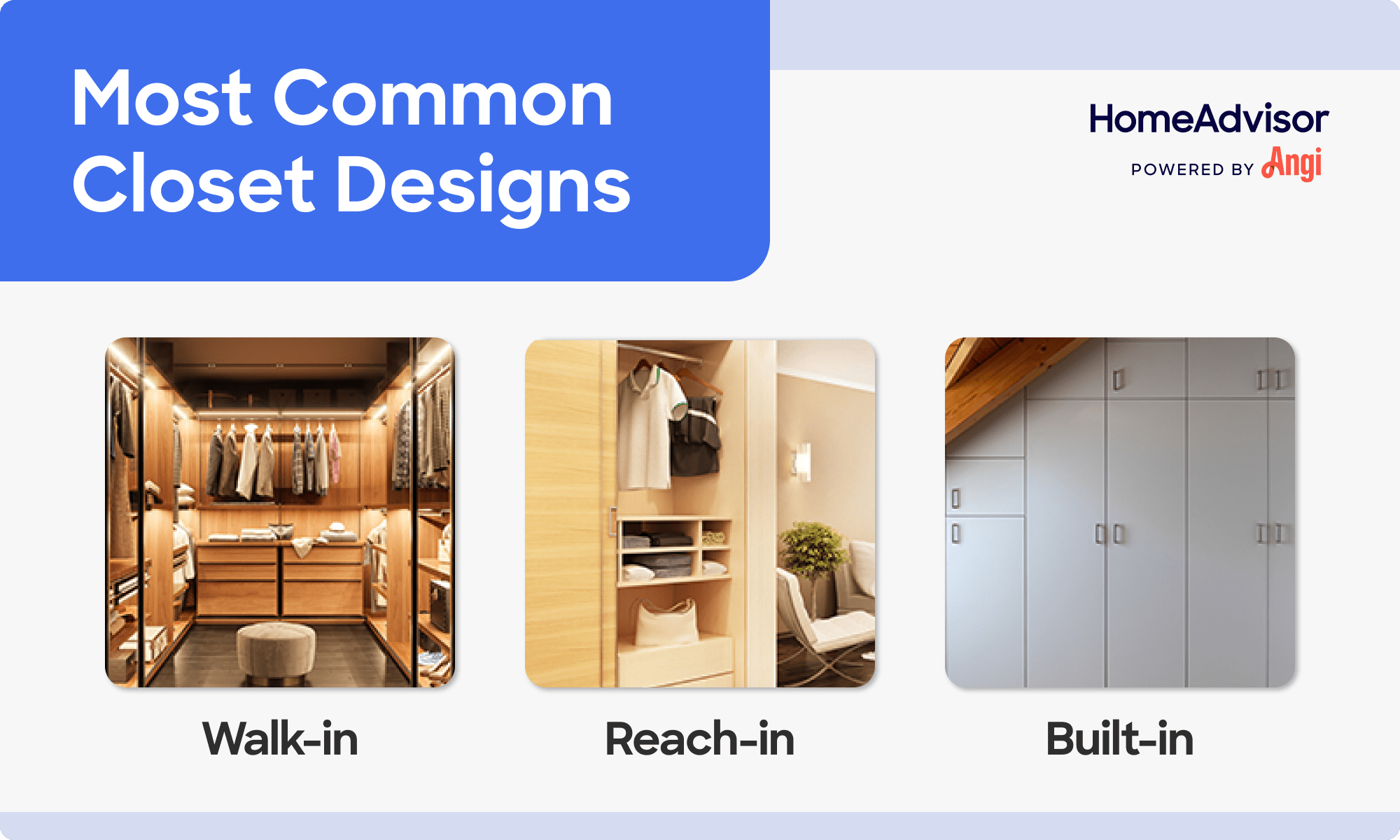 3 most common closet types compared visually, including walk-in, reach-in, and built-in