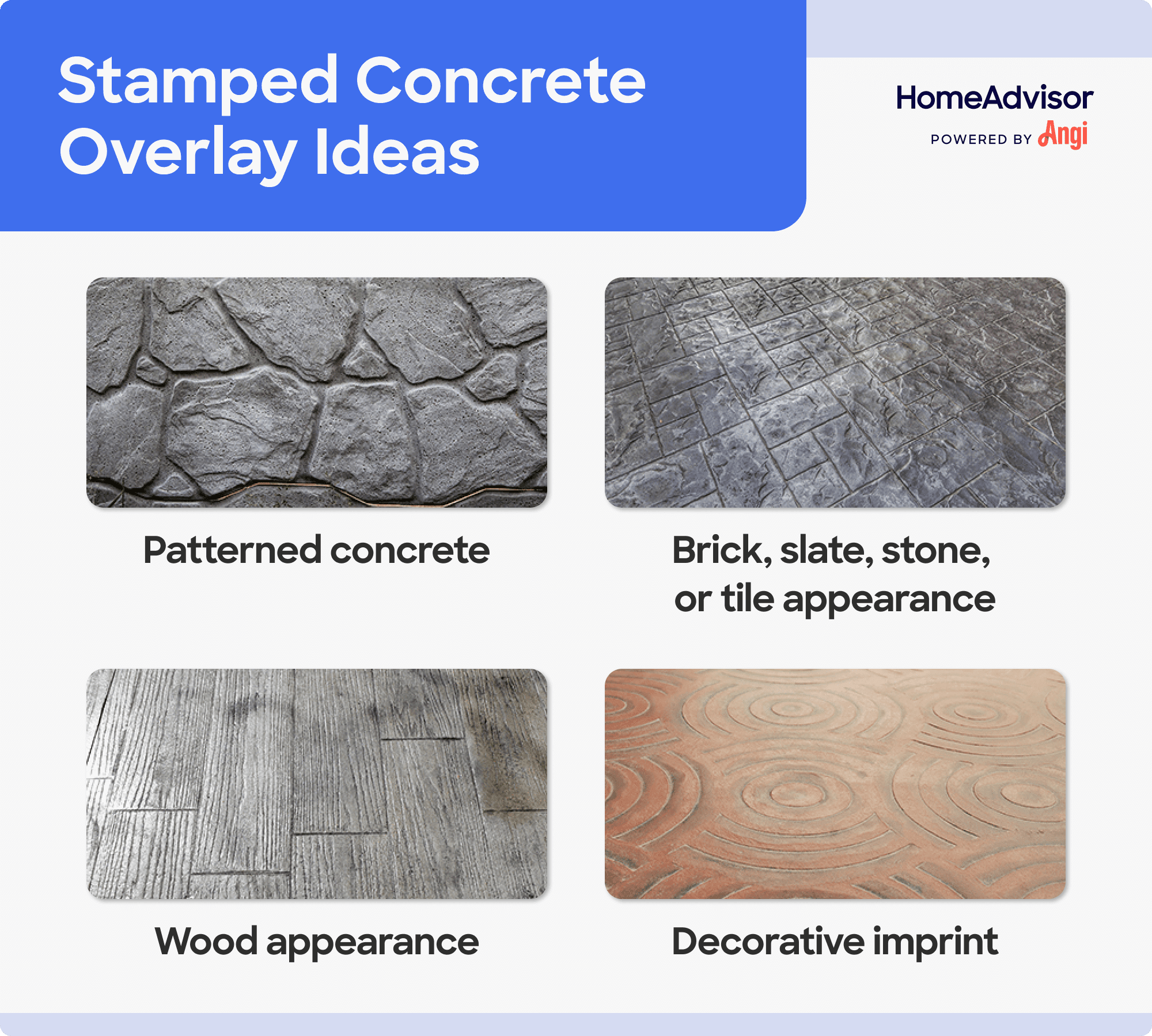 4 stamped concrete overlays compared visually, including wood appearance and decorative imprint