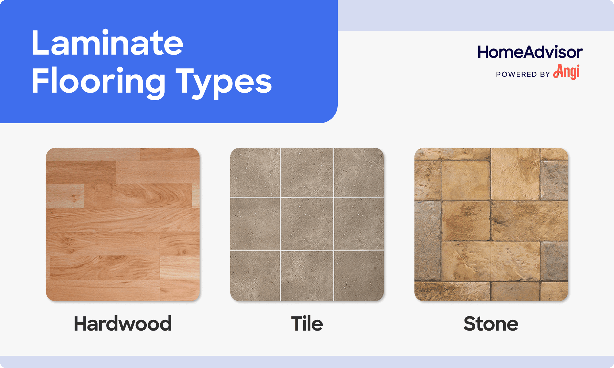 3 laminate flooring types compared visually, including hardwood, tile, and stone