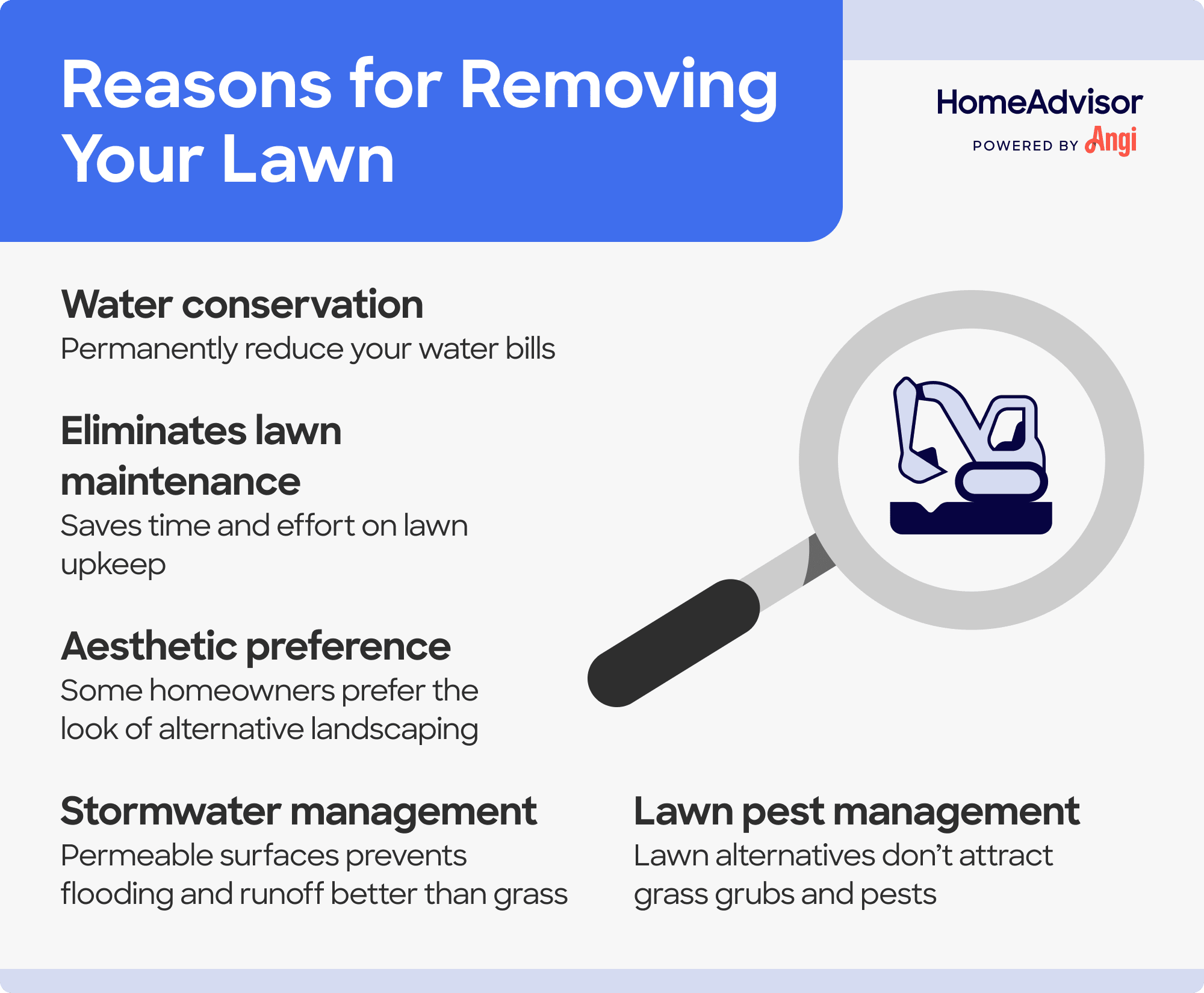 5 lawn removal reasons, including water conservation, aesthetic preference, and lawn pest management