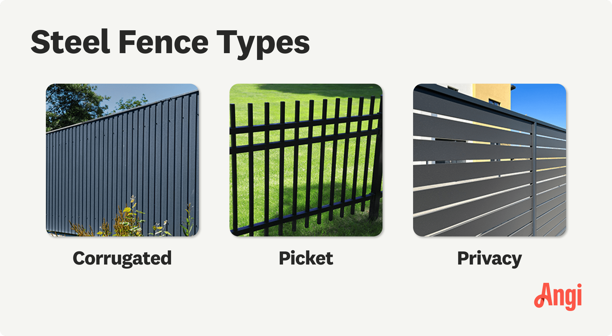 3 steel fence types compared visually, including corrugated, picket, and privacy