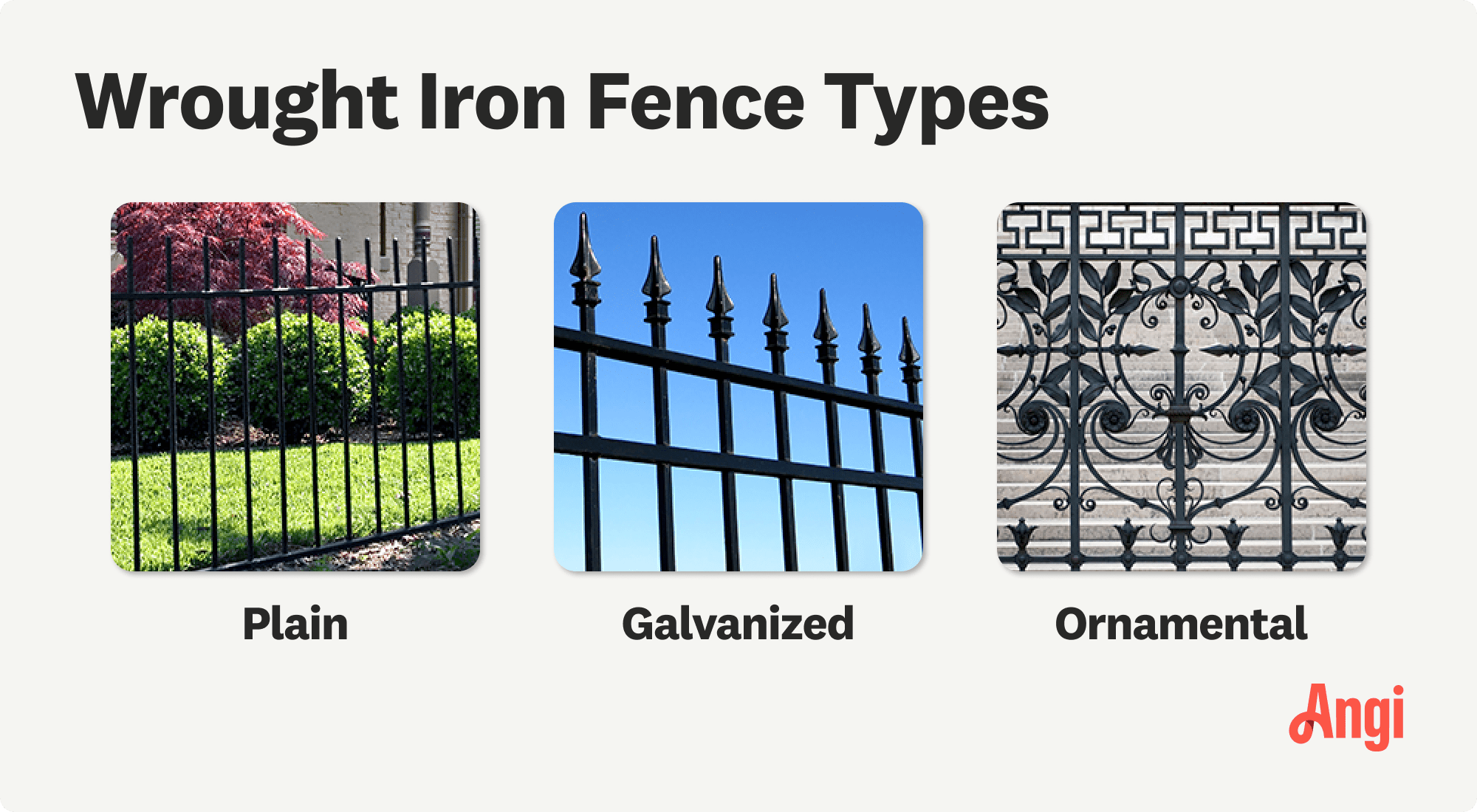 3 wrought iron fence types compared visually, with pre-galvanized having a protective zinc coating to prevent rust
