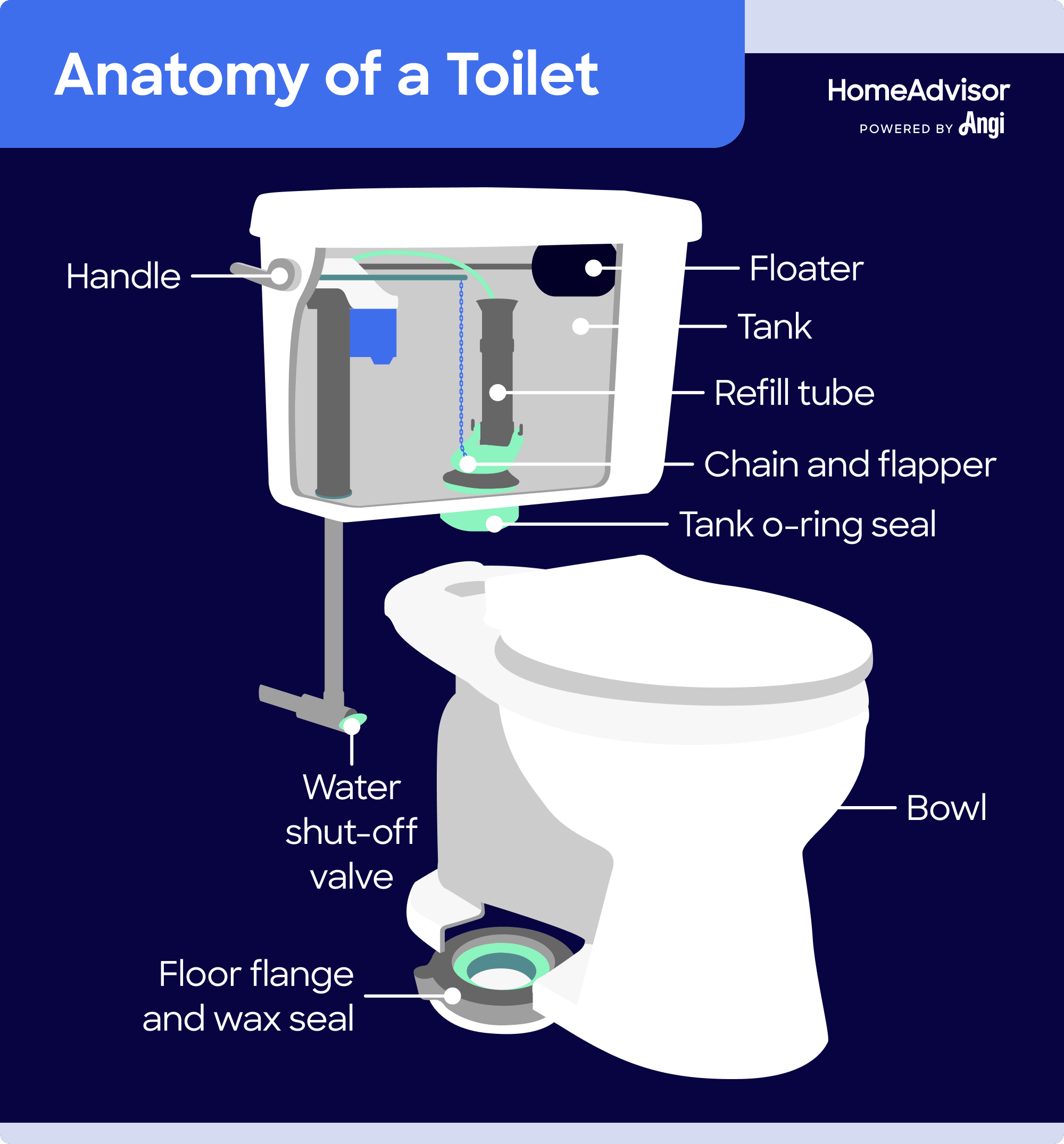 Anatomy of a toilet and the inner working parts illustrated, including the floater, tank o-ring seal, and water shut-off valve
