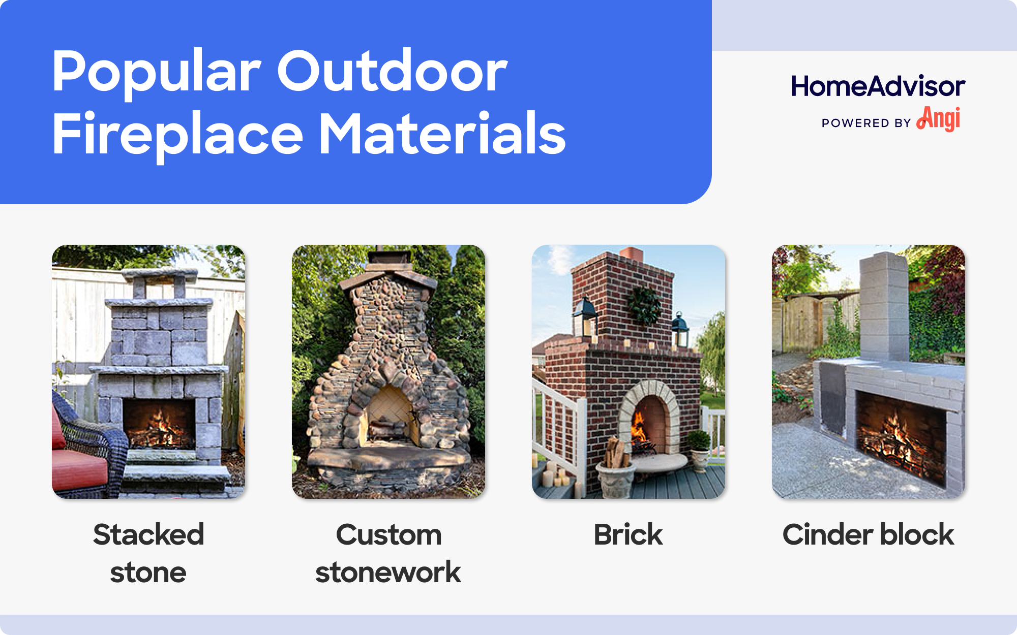 4  popular outdoor fireplace materials compared visually, including stacked stone and brick