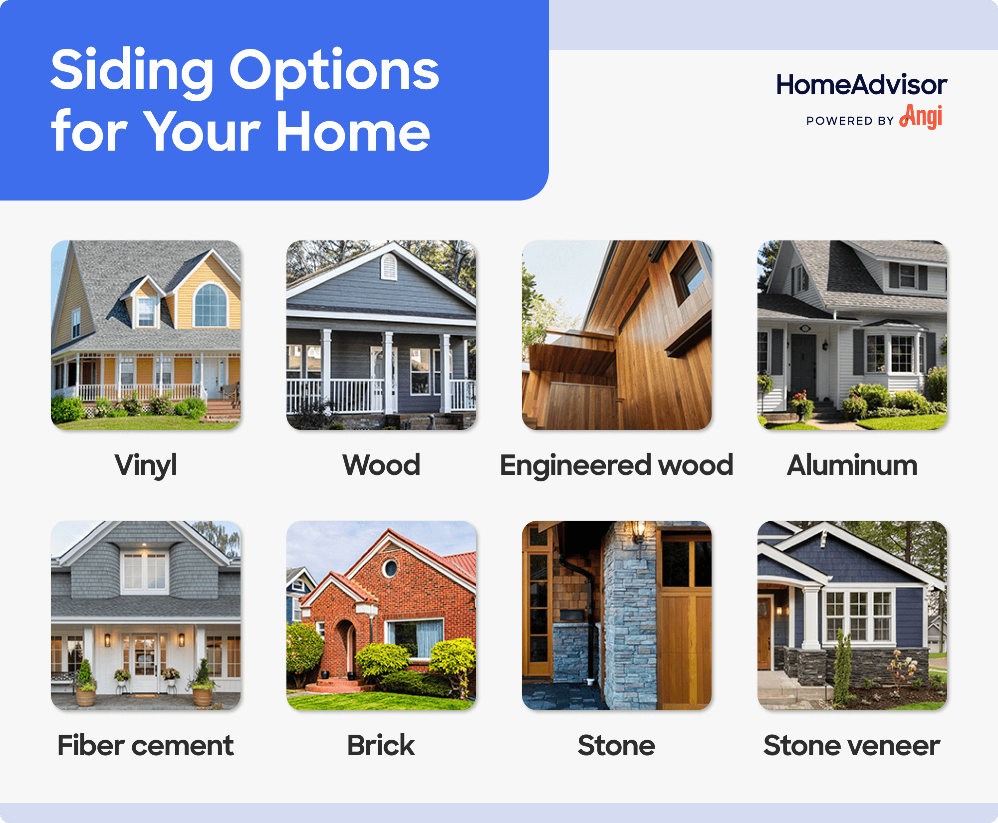 8 siding options for your home compared visually, including vinyl, engineered wood, and brick
