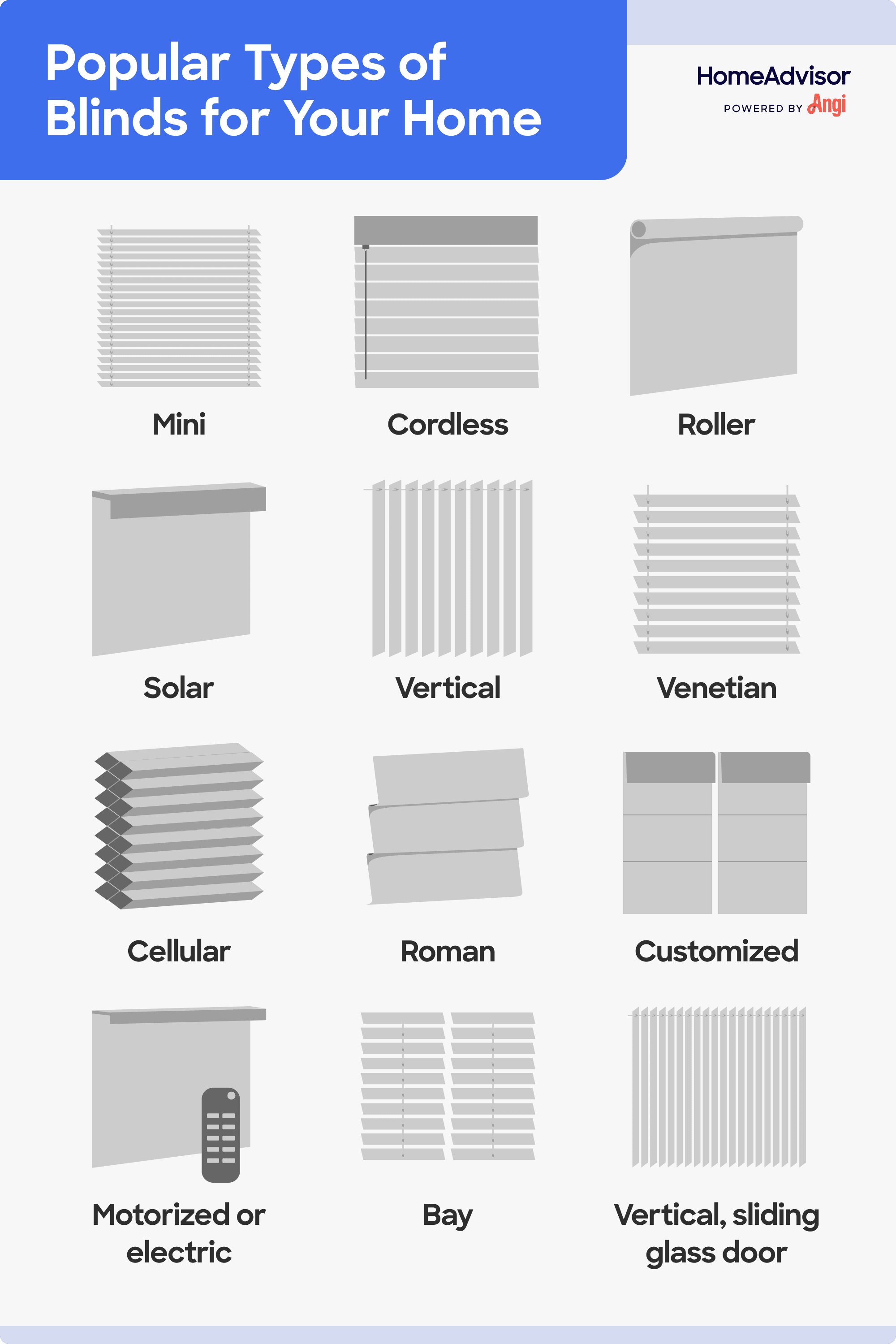 12 popular blind types illustrated and compared, including bay, Roman, solar, and Venetian