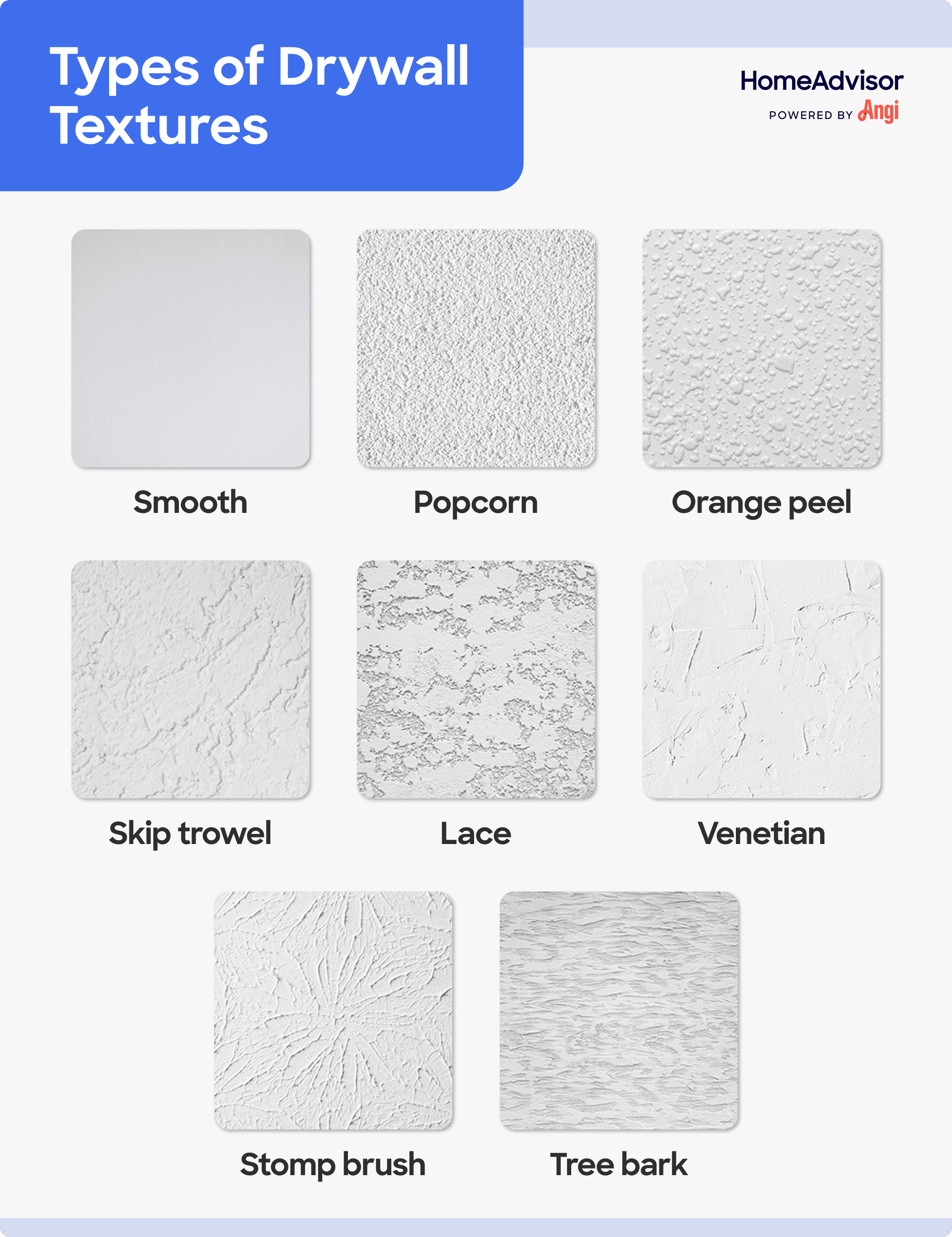 8 drywall texture types compared visually, including lace, stomp brush, and orange peel