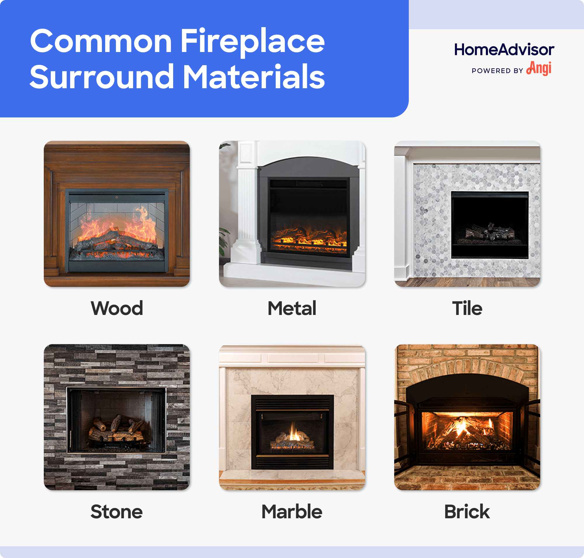 6 fireplace surround materials compared visually, including wood, tile, marble, and brick