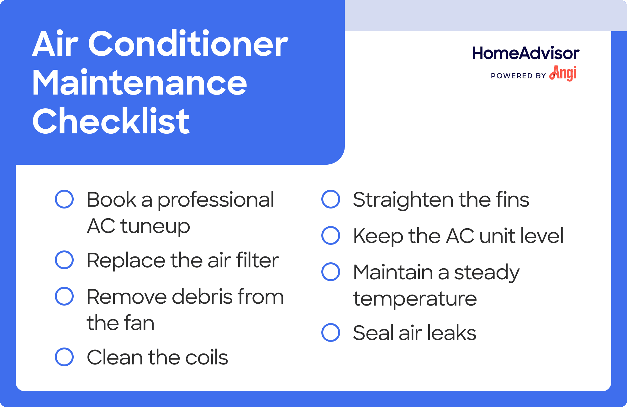 Air conditioner maintenance checklist, including booking a professional AC tuneup, cleaning the coils, and sealing air leaks