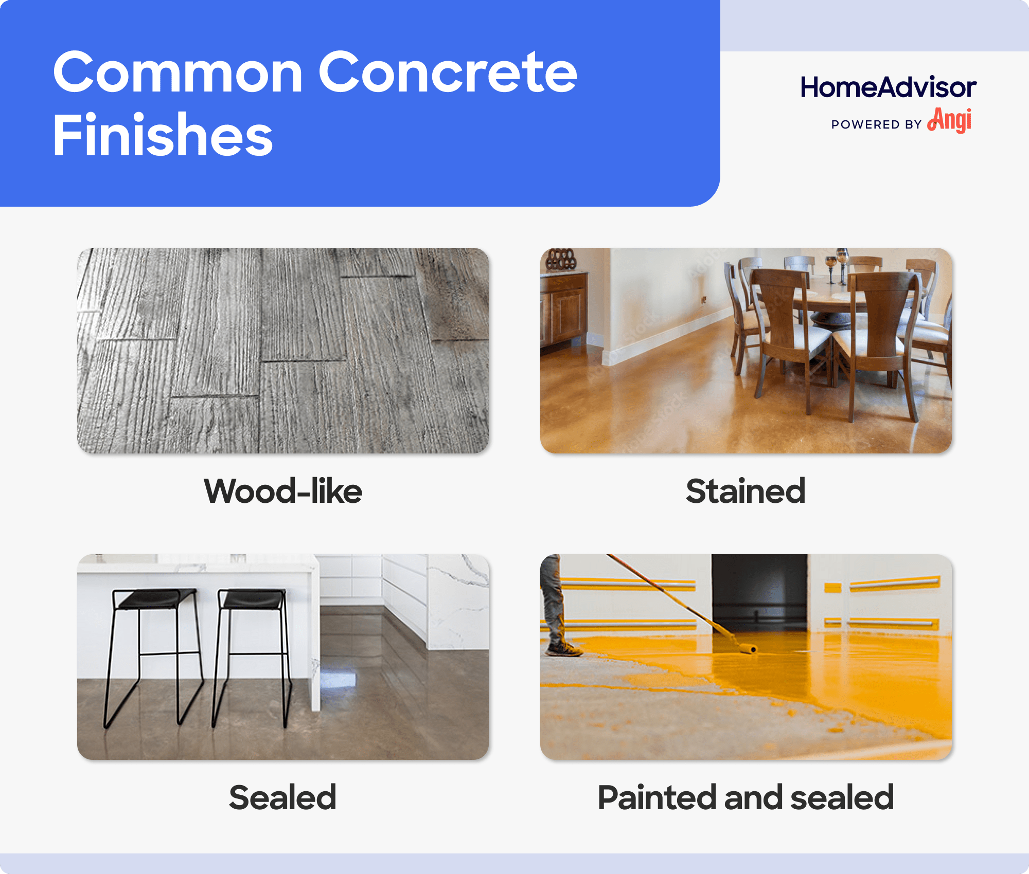 4 common concrete finishes compared visually, including stained and sealed