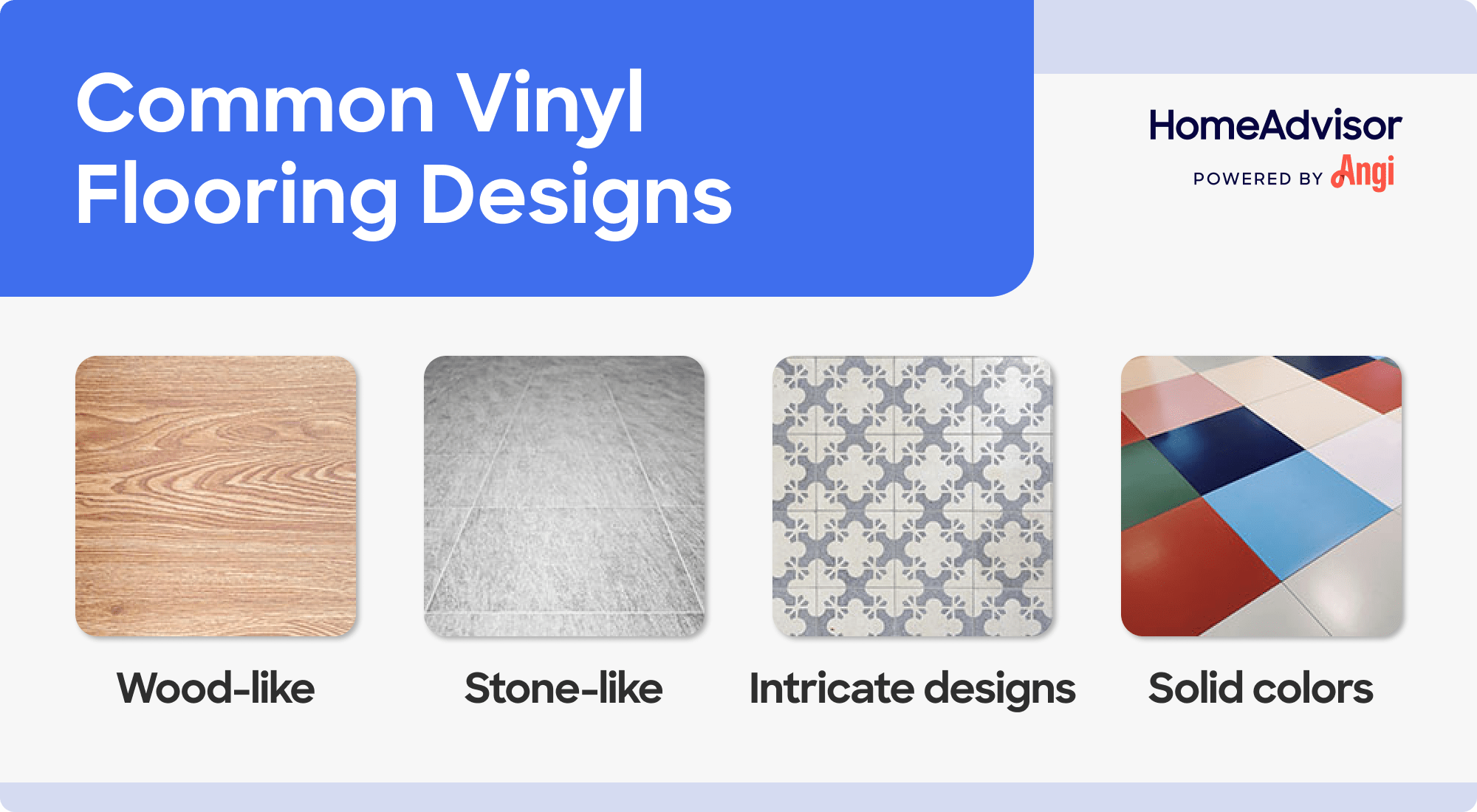 4 common vinyl flooring designs, including wood-like, stone-like, and solid colors