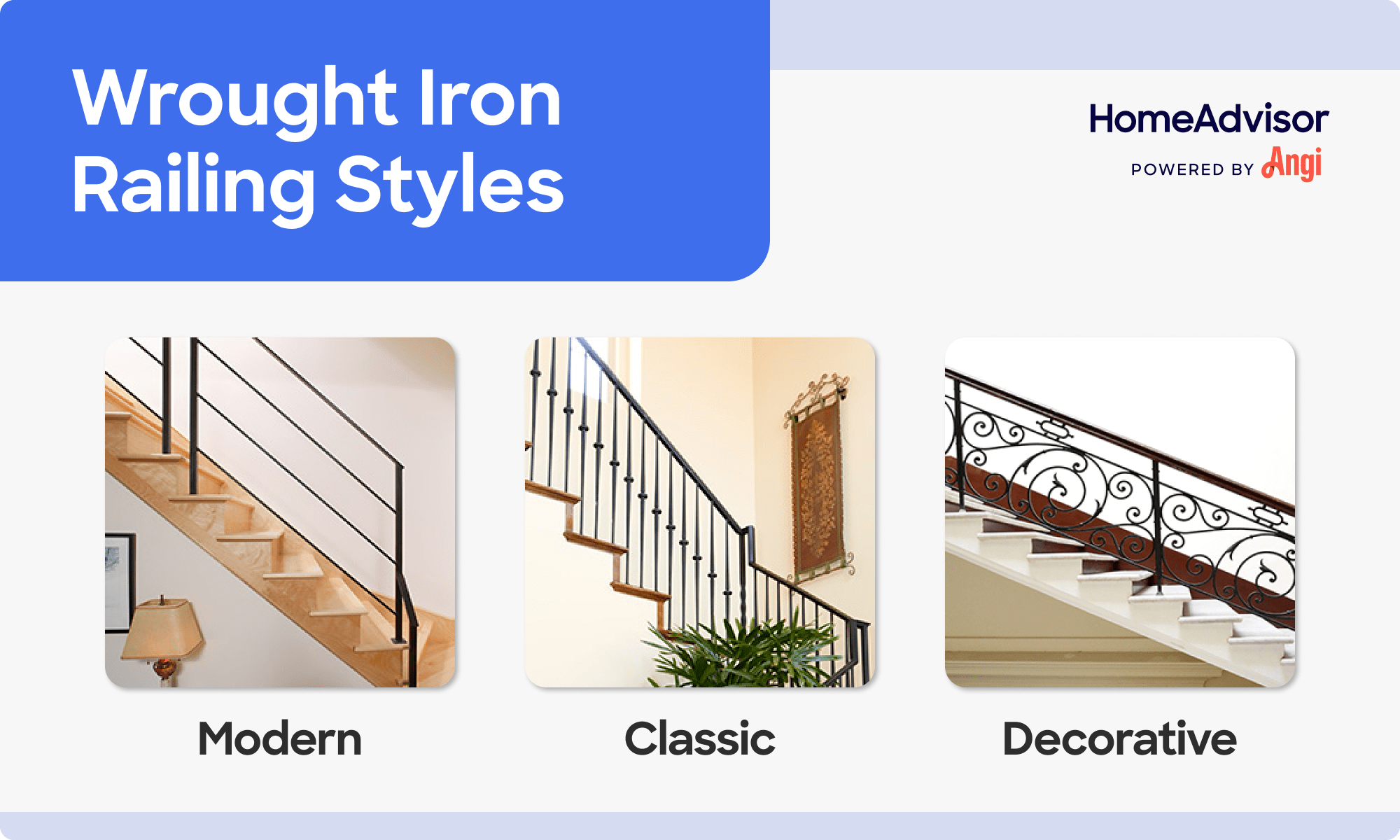3 wrought iron railing styles compared visually, including modern and decorative