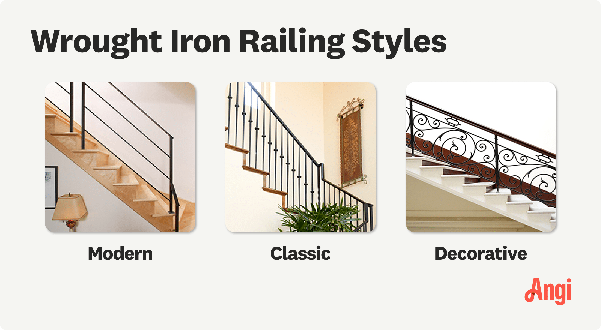 3 wrought iron railing styles compared visually, including modern and decorative