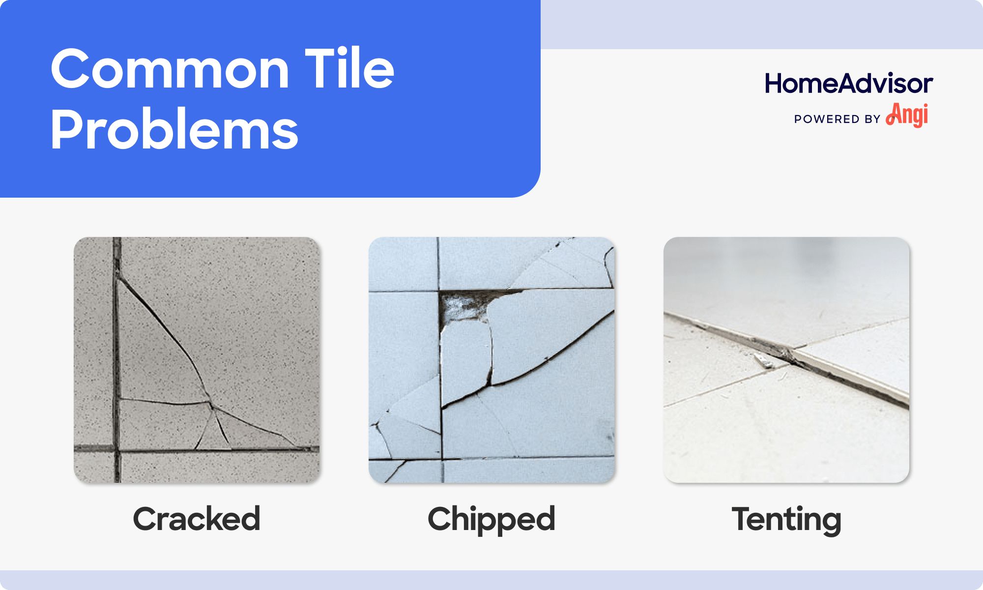 3 common tile problems compared visually, including cracked and tenting Photo credit: