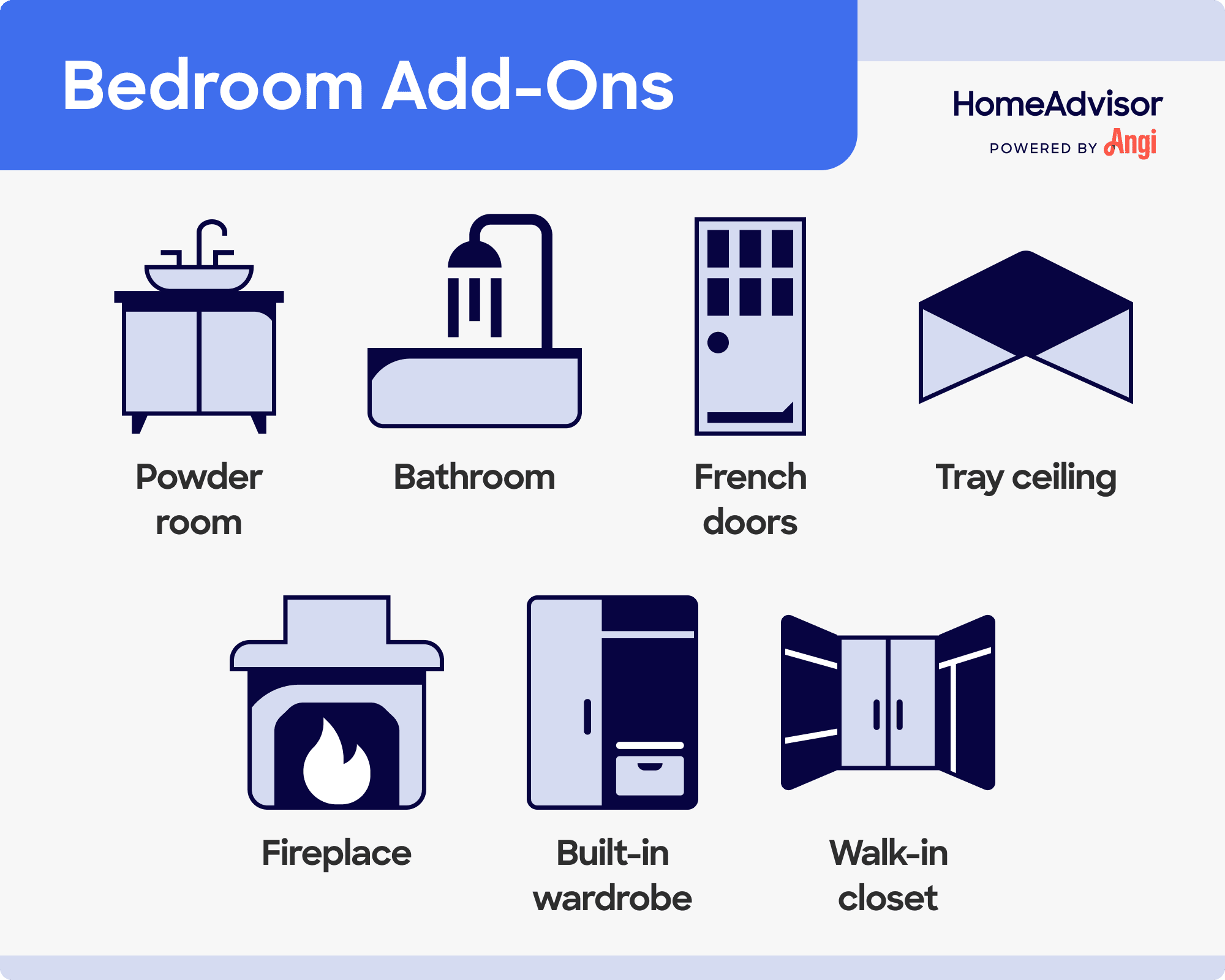 7 bathroom add-ons, including a fireplace, French doors, and tray ceiling