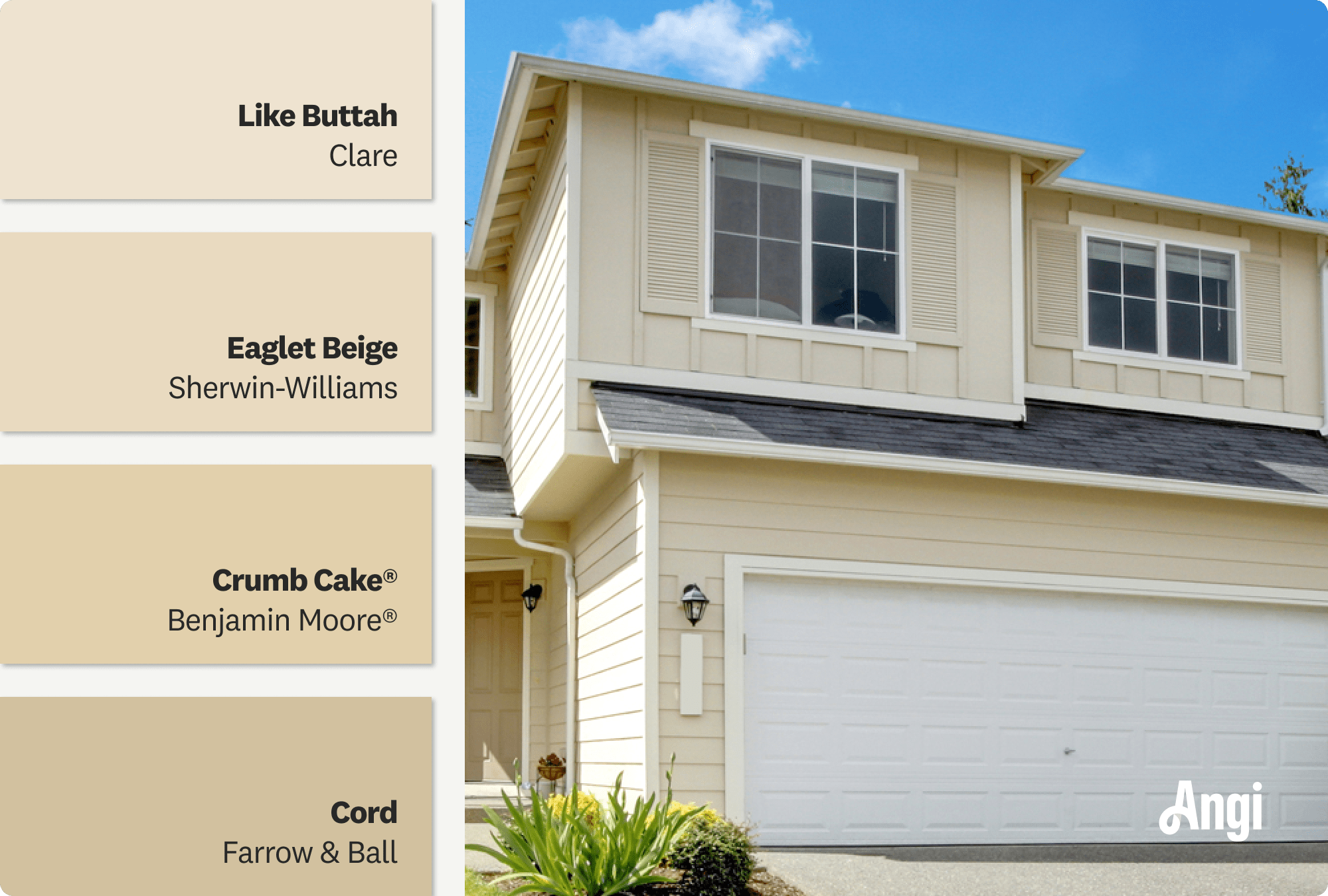 Beige painted shutters on a home exterior above a garage door, including different tones of beige paints