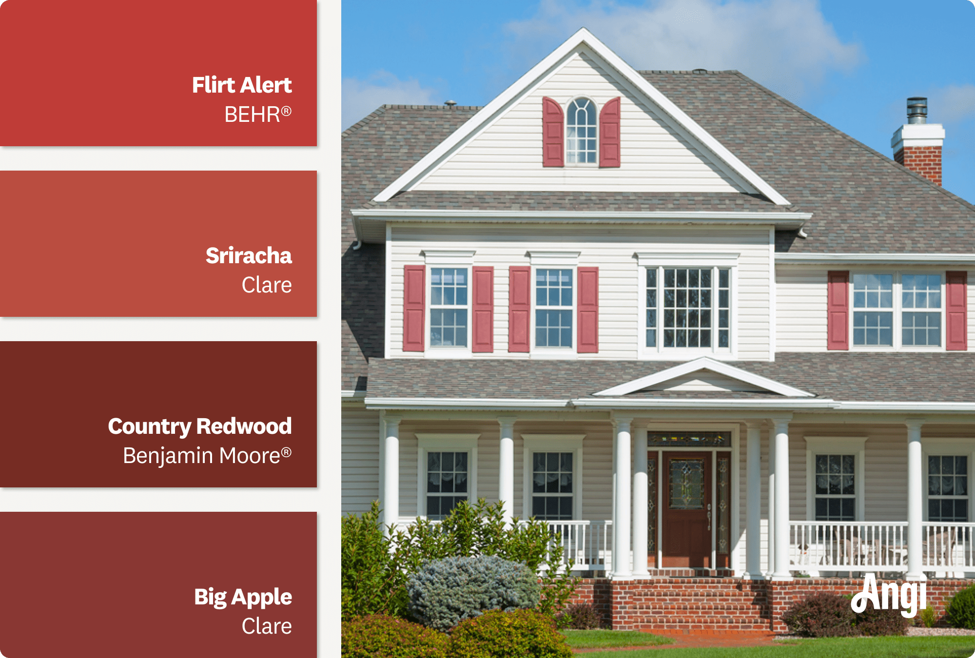 Red painted shutters on a large home exterior, including different tones of red paints