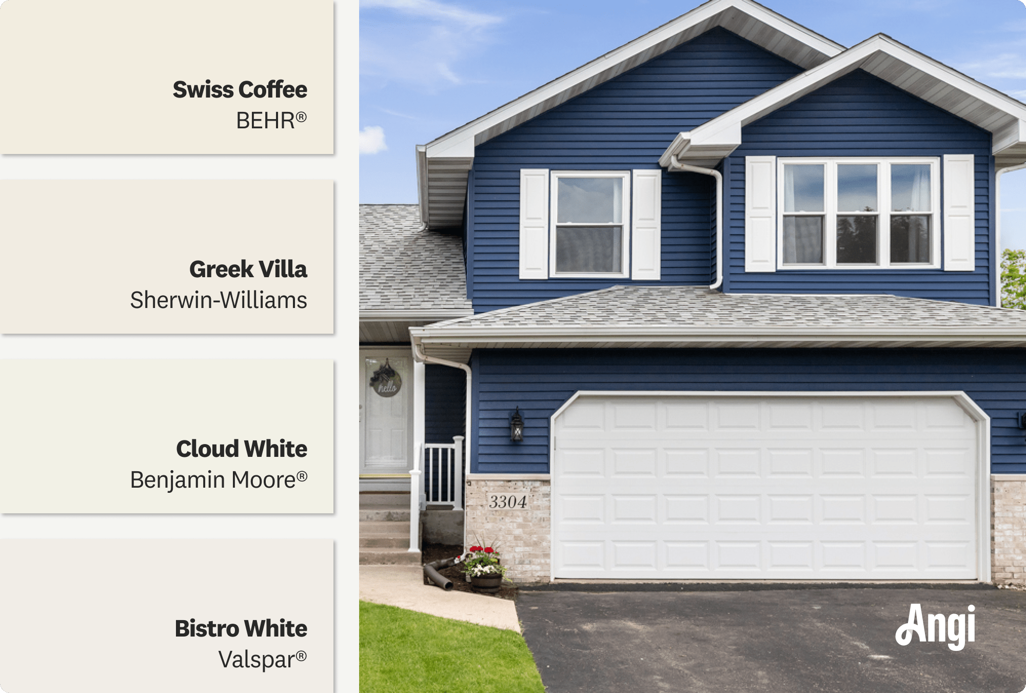 White painted shutters on a blue home exterior, including different tones of white paints