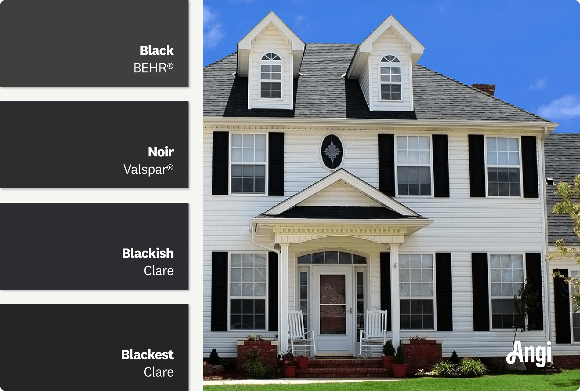 Black painted shutters on a white home exterior, including different tones of black paints