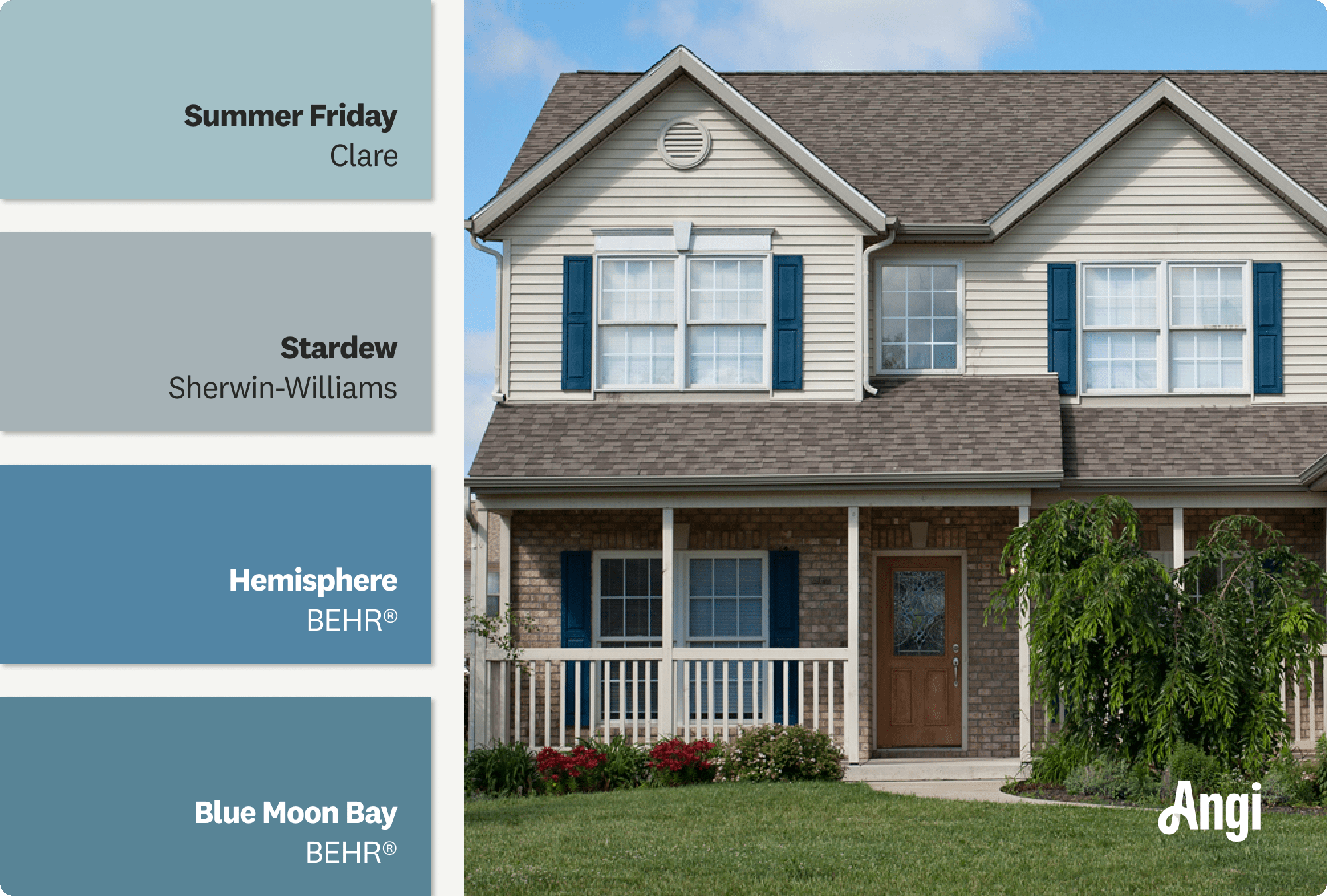 Blue painted shutters on a suburban home exterior, including different tones of blue paints