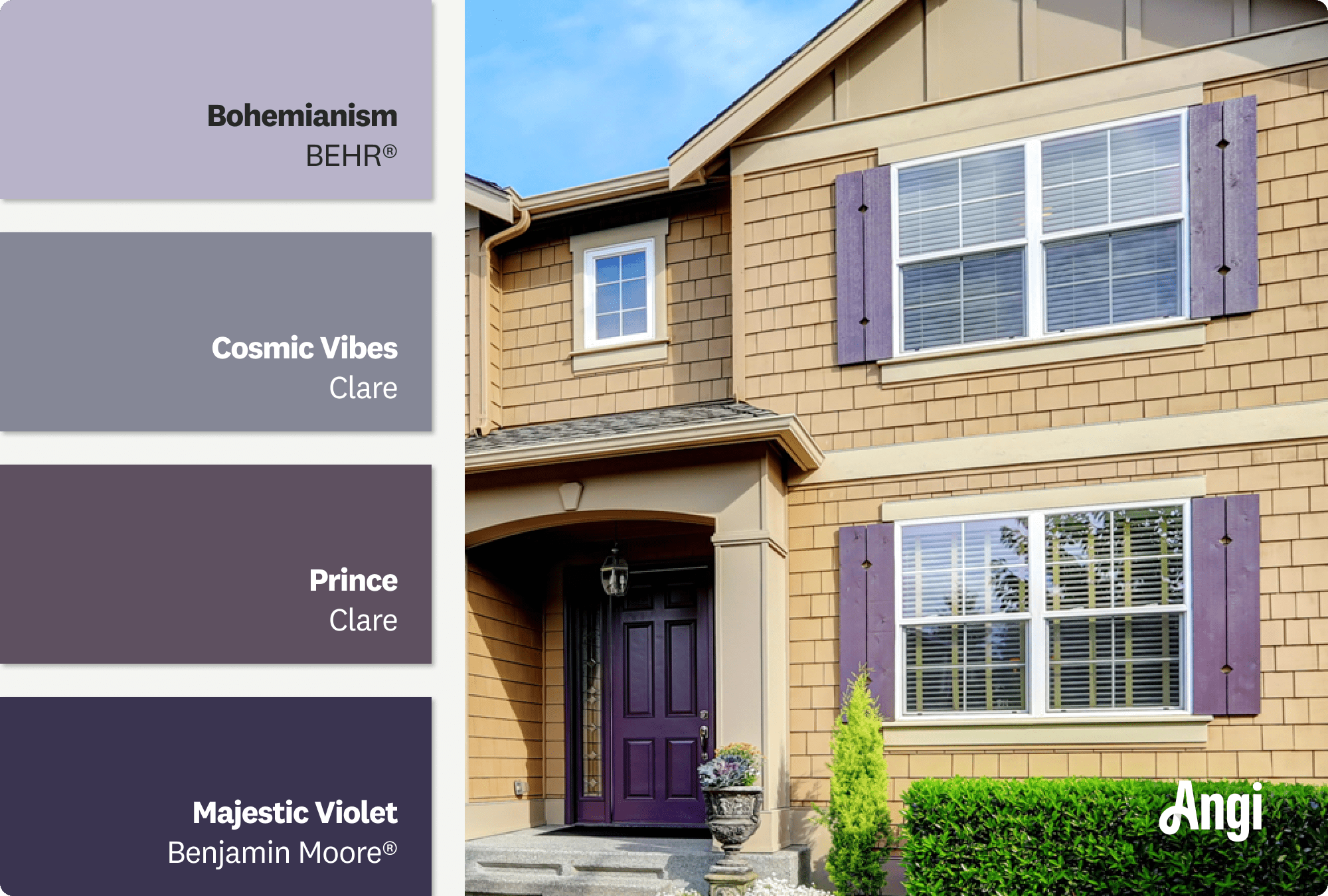 Purple painted shutters on a tan home exterior, including different tones of purple paints