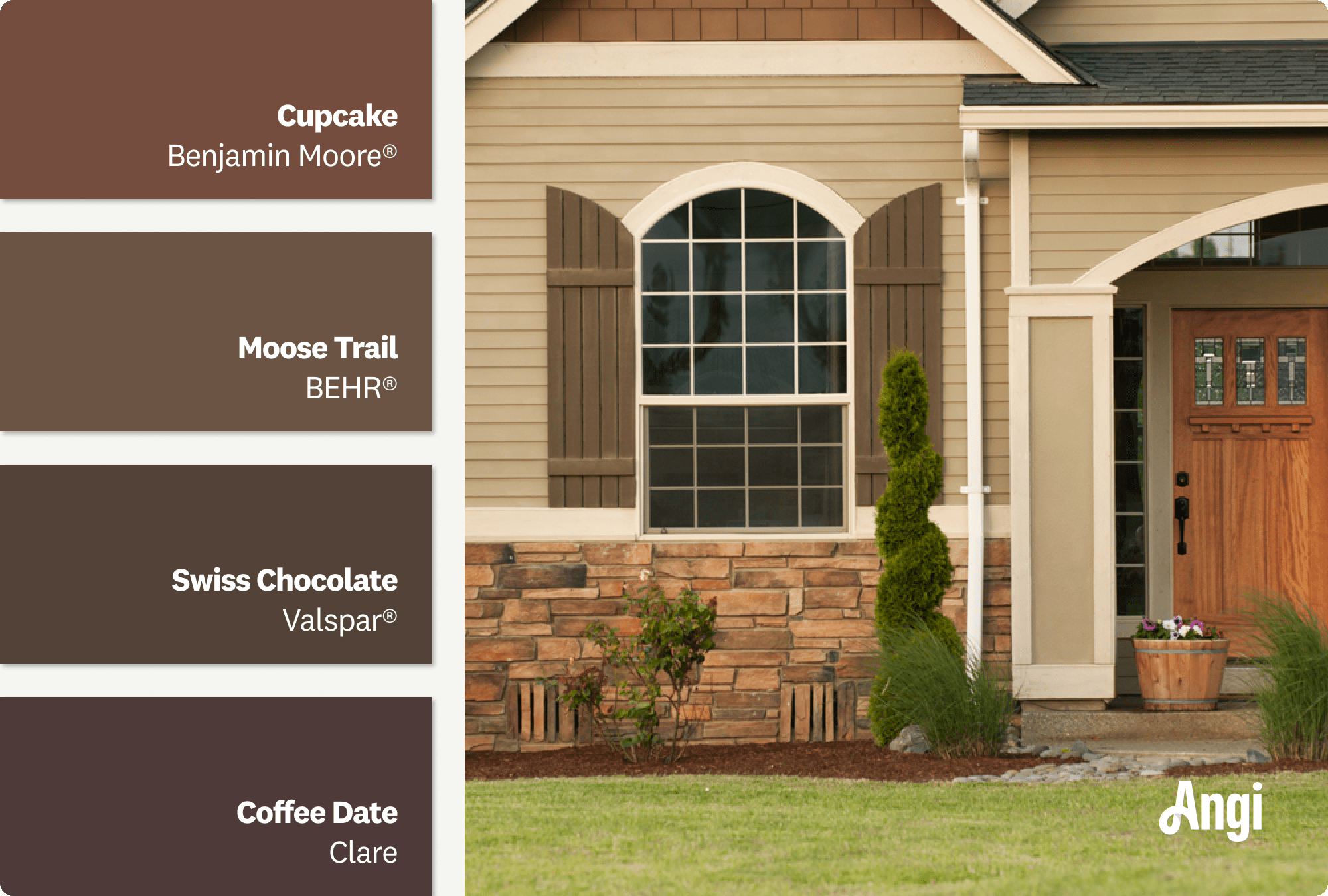 Brown painted shutters on a tan home exterior, including different tones of brown paints