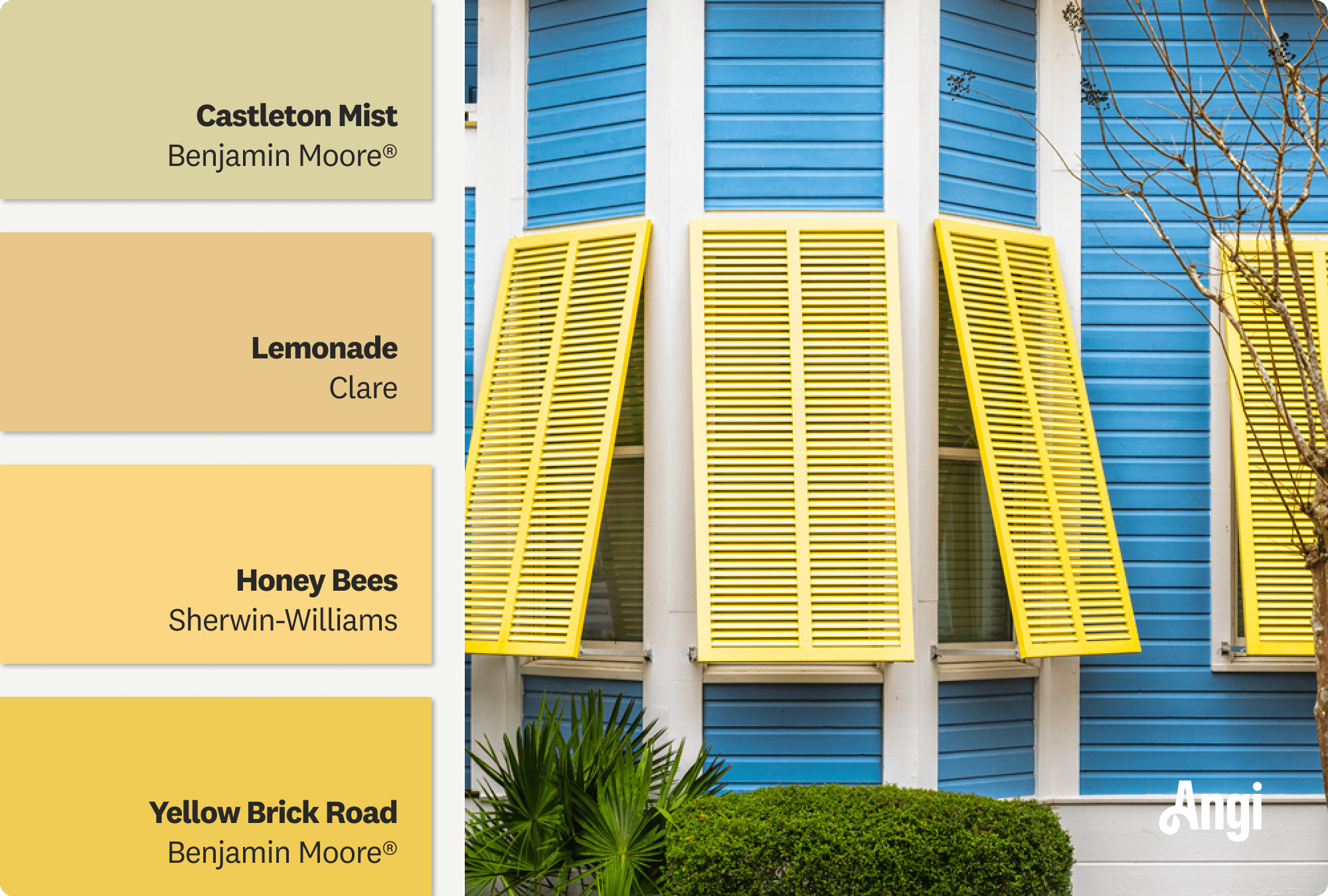 Yellow hurricane open window shutters on a blue house exterior, including different tones of yellow paints