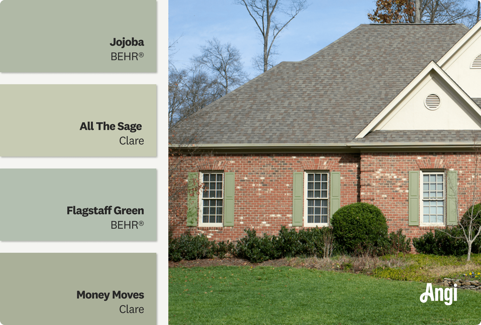Muted green painted shutters on a brick home exterior, including different tones of smokey muted green paints