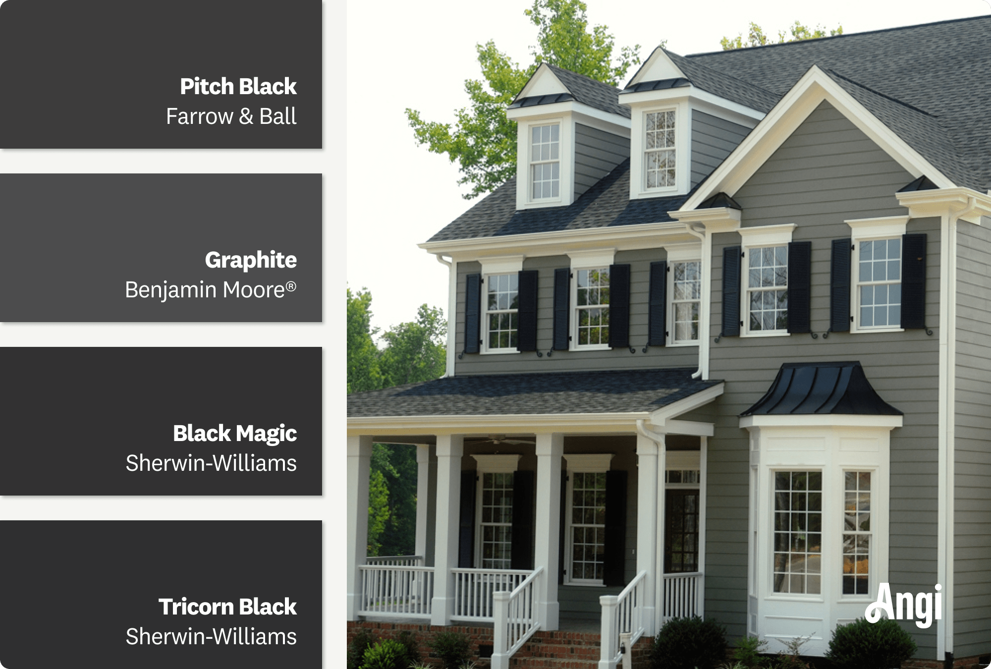 Black painted shutters on a gray home exterior, including different tones of gray paints