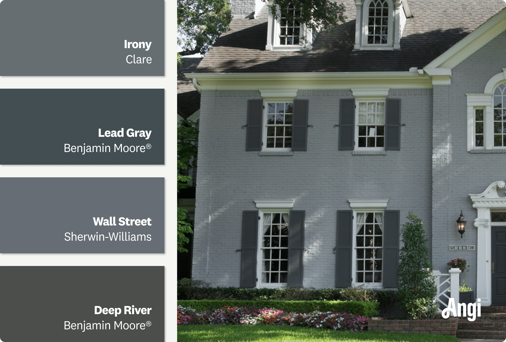 Dark gray painted shutters on a gray home exterior, including different tones of dark gray paints