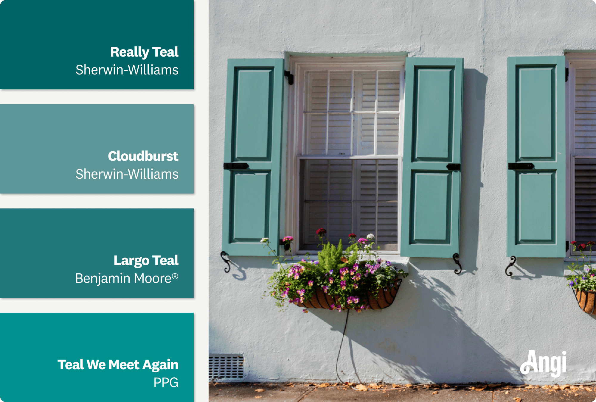 Teal painted shutters on a gray home exterior, including different tones of teal paints