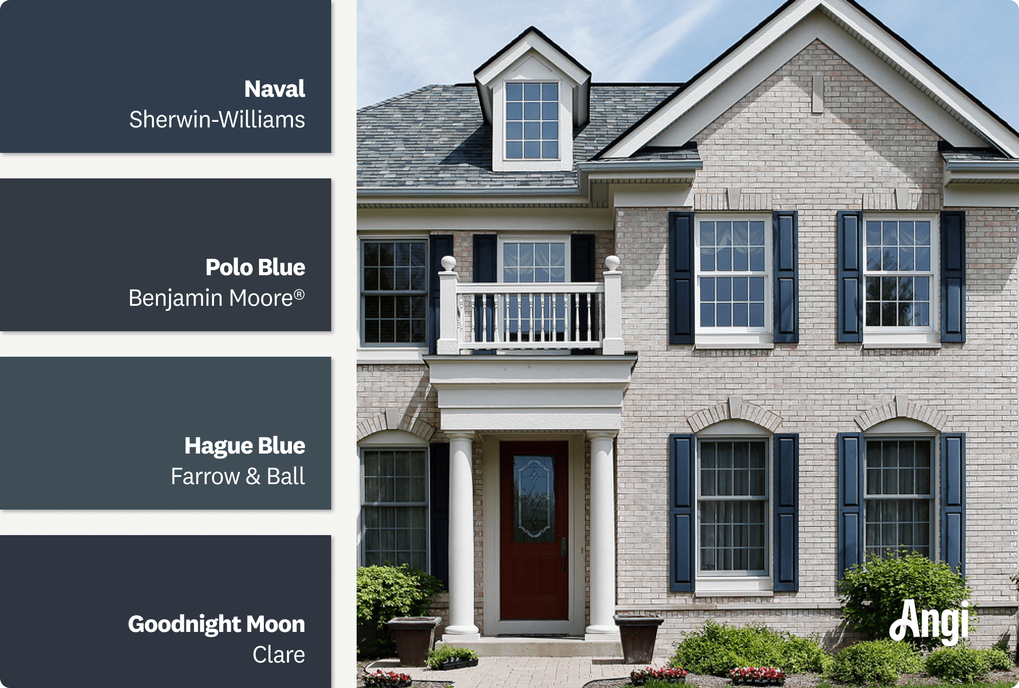 Navy painted shutters on a gray home exterior, including different tones of navy paints