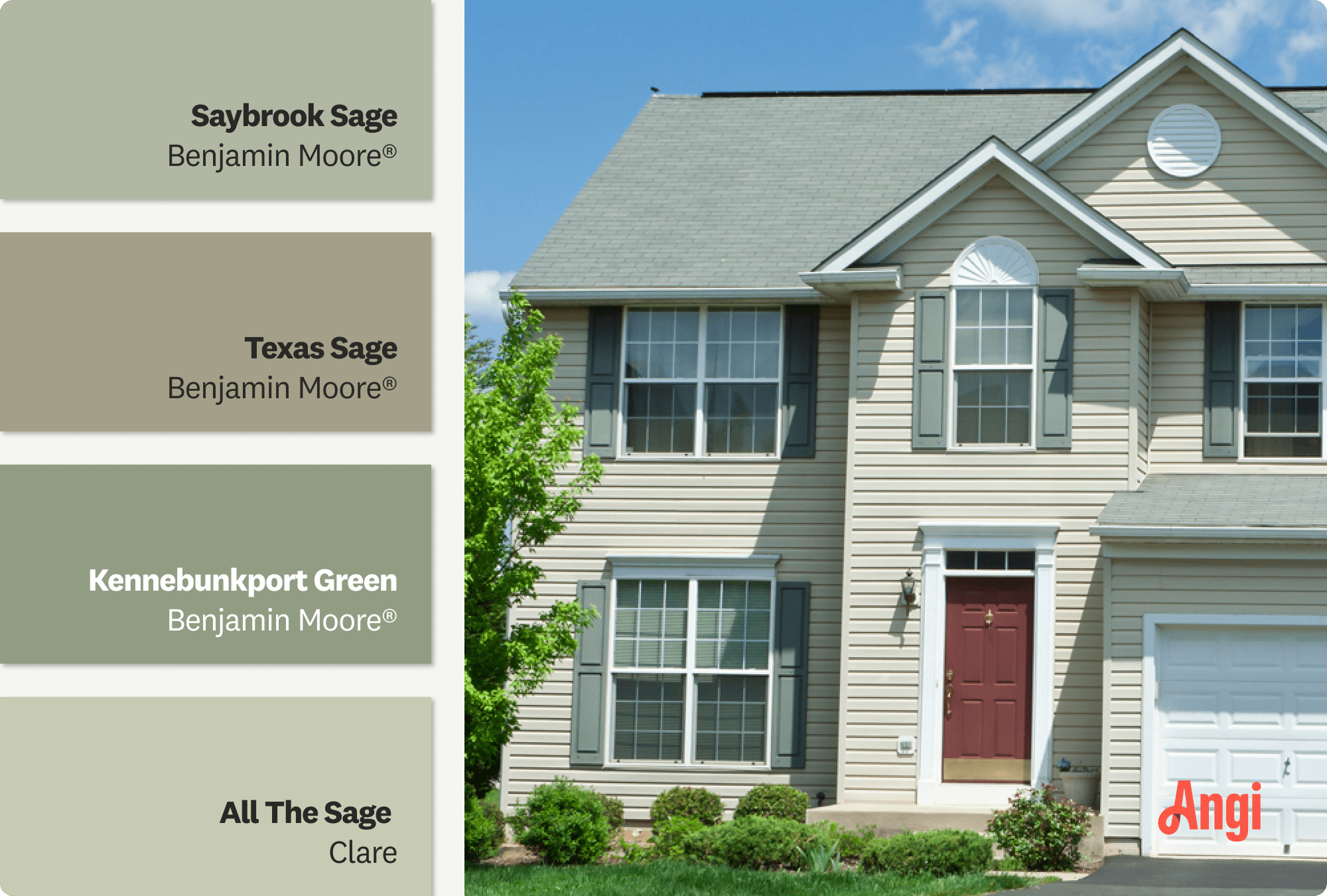 Sage painted shutters on a gray home exterior, including different tones of sage paints